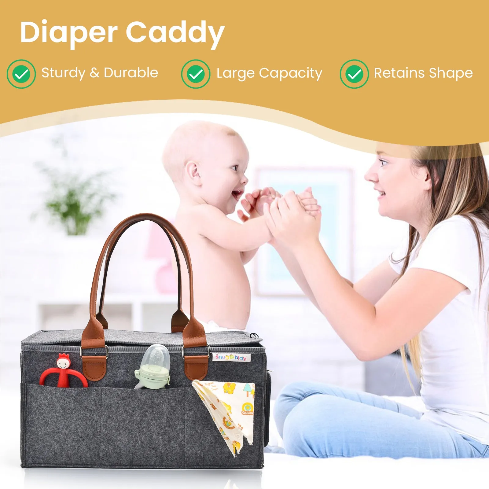 Diaper Caddy Extra Large Size with Lid | Grey with Brown Handles | Portable Diaper Organizer Bag