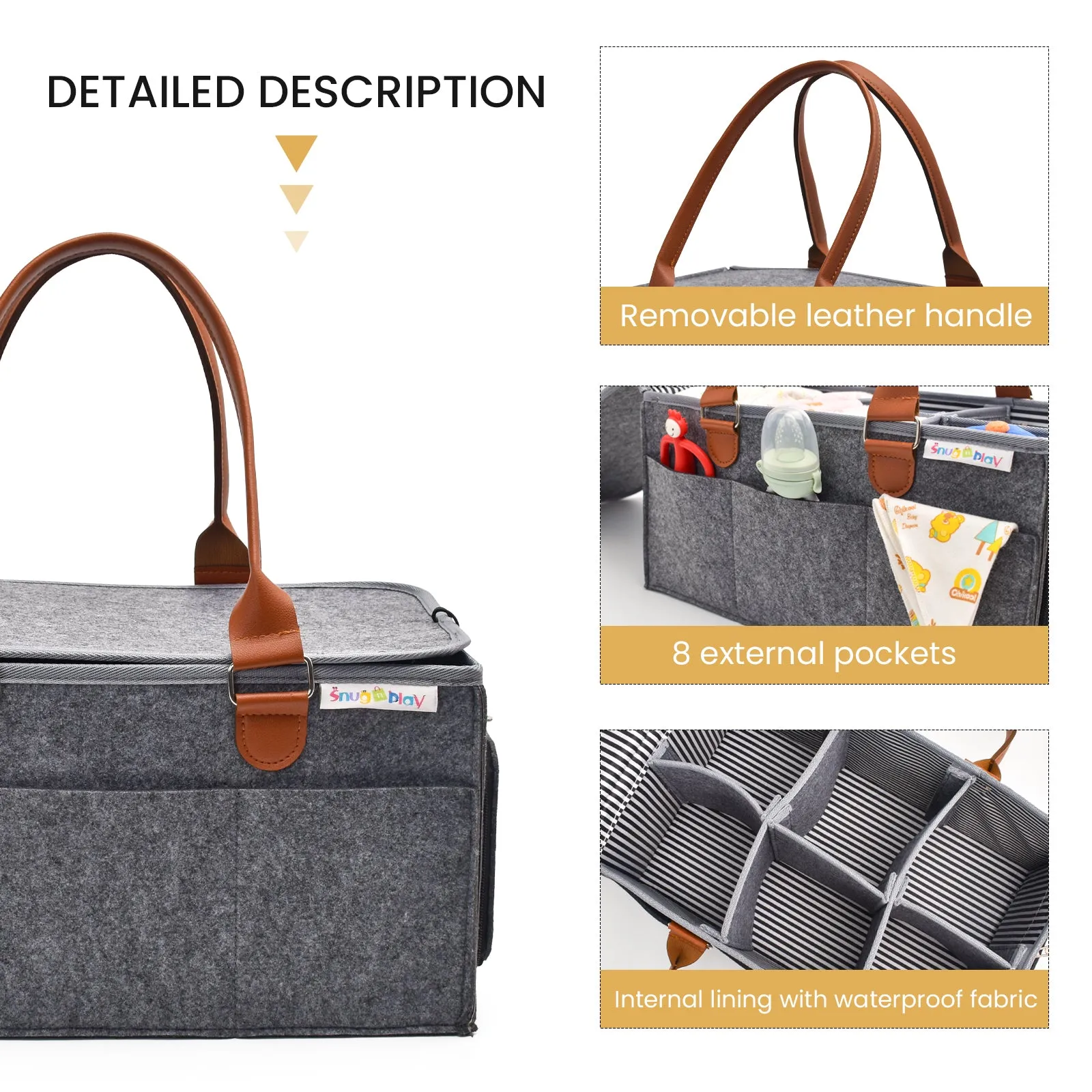 Diaper Caddy Extra Large Size with Lid | Grey with Brown Handles | Portable Diaper Organizer Bag
