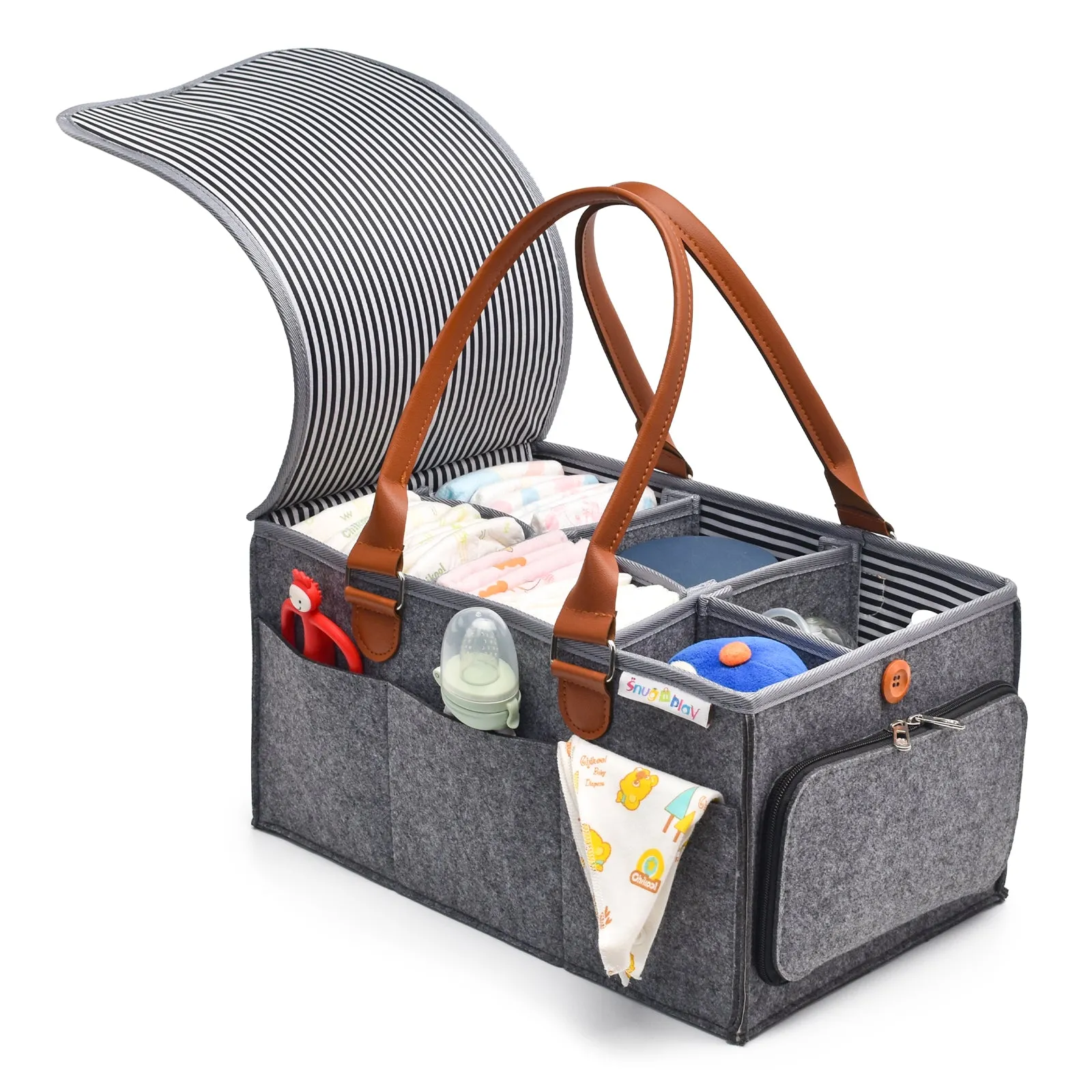 Diaper Caddy Extra Large Size with Lid | Grey with Brown Handles | Portable Diaper Organizer Bag