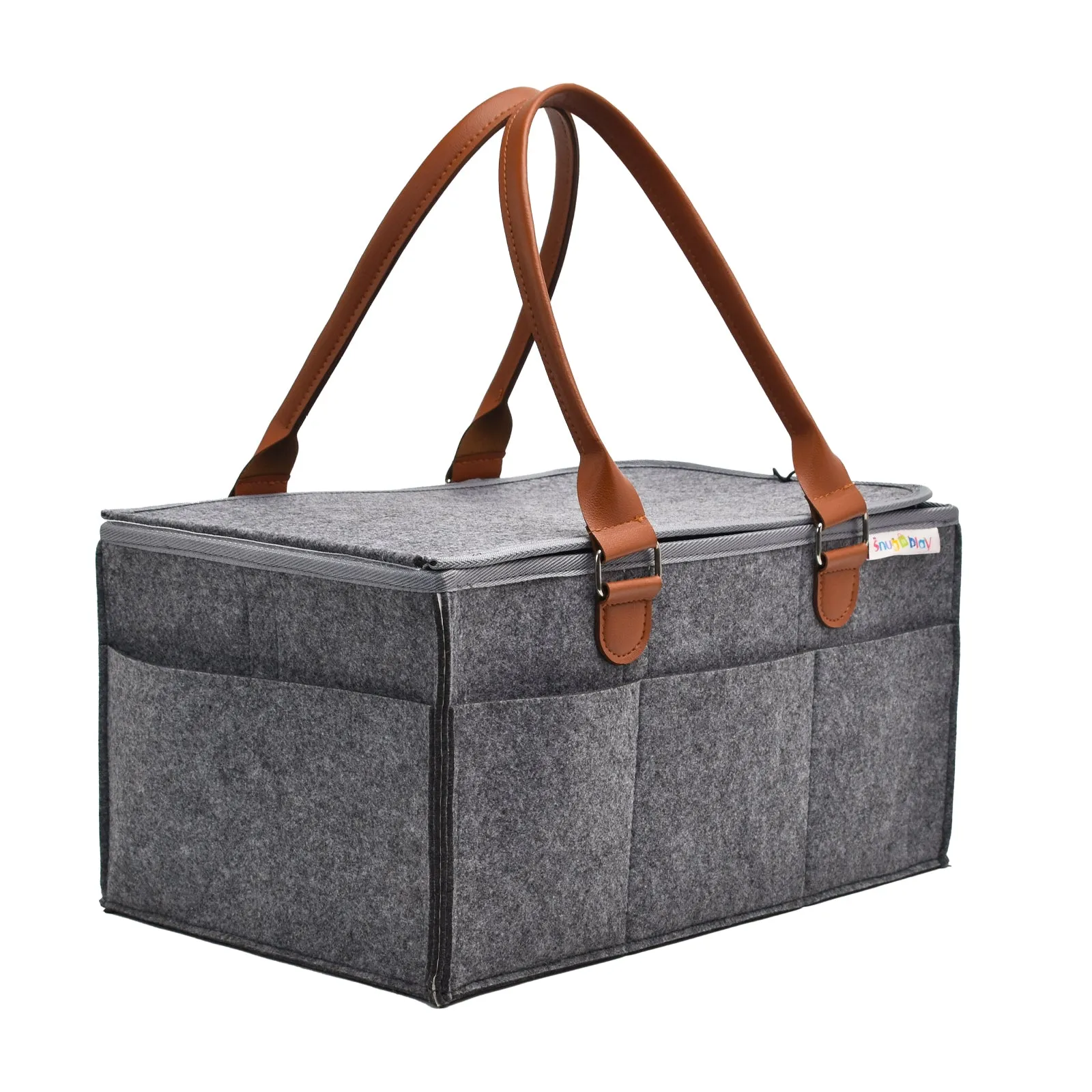 Diaper Caddy Extra Large Size with Lid | Grey with Brown Handles | Portable Diaper Organizer Bag