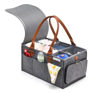 Diaper Caddy Extra Large Size with Lid | Grey with Brown Handles | Portable Diaper Organizer Bag