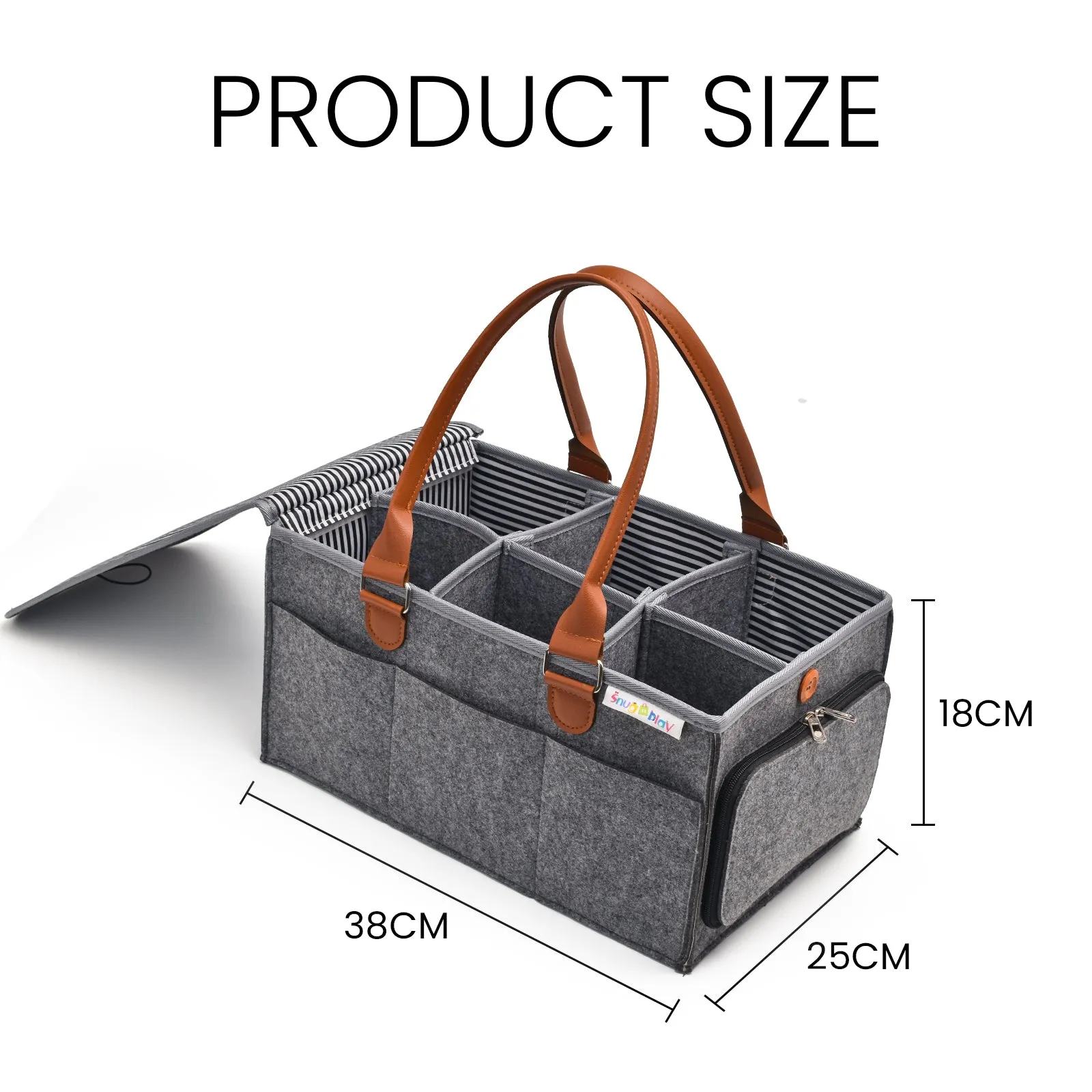 Diaper Caddy Extra Large Size with Lid | Grey with Brown Handles | Portable Diaper Organizer Bag