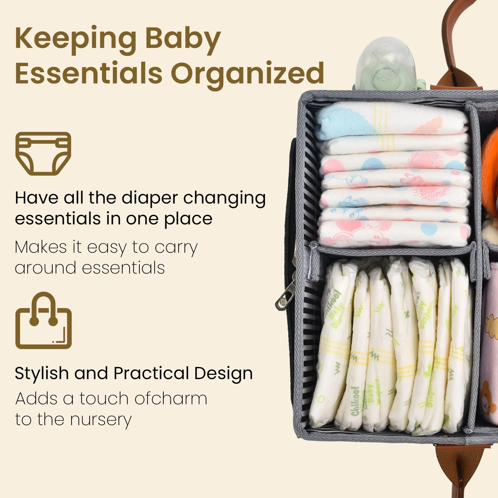 Diaper Caddy Extra Large Size with Lid | Grey with Brown Handles | Portable Diaper Organizer Bag
