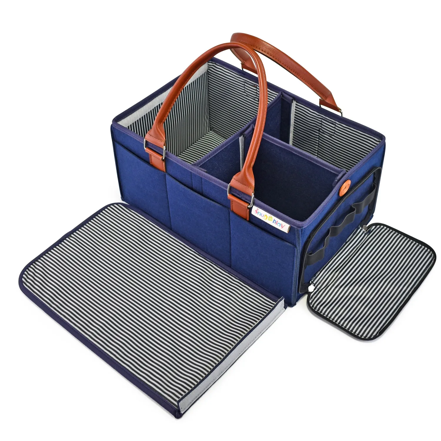 Diaper Caddy Large Size with Lid | Blue with Brown Handles | Portable Diaper Organizer Bag