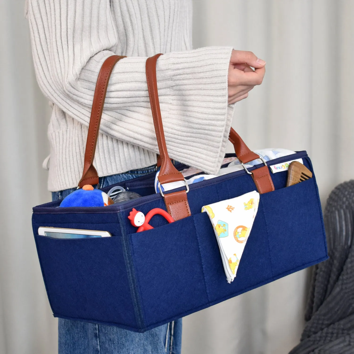 Diaper Caddy Large Size with Lid | Blue with Brown Handles | Portable Diaper Organizer Bag