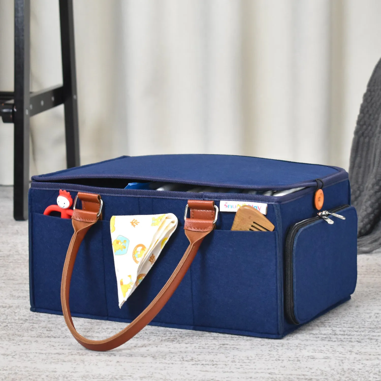 Diaper Caddy Large Size with Lid | Blue with Brown Handles | Portable Diaper Organizer Bag