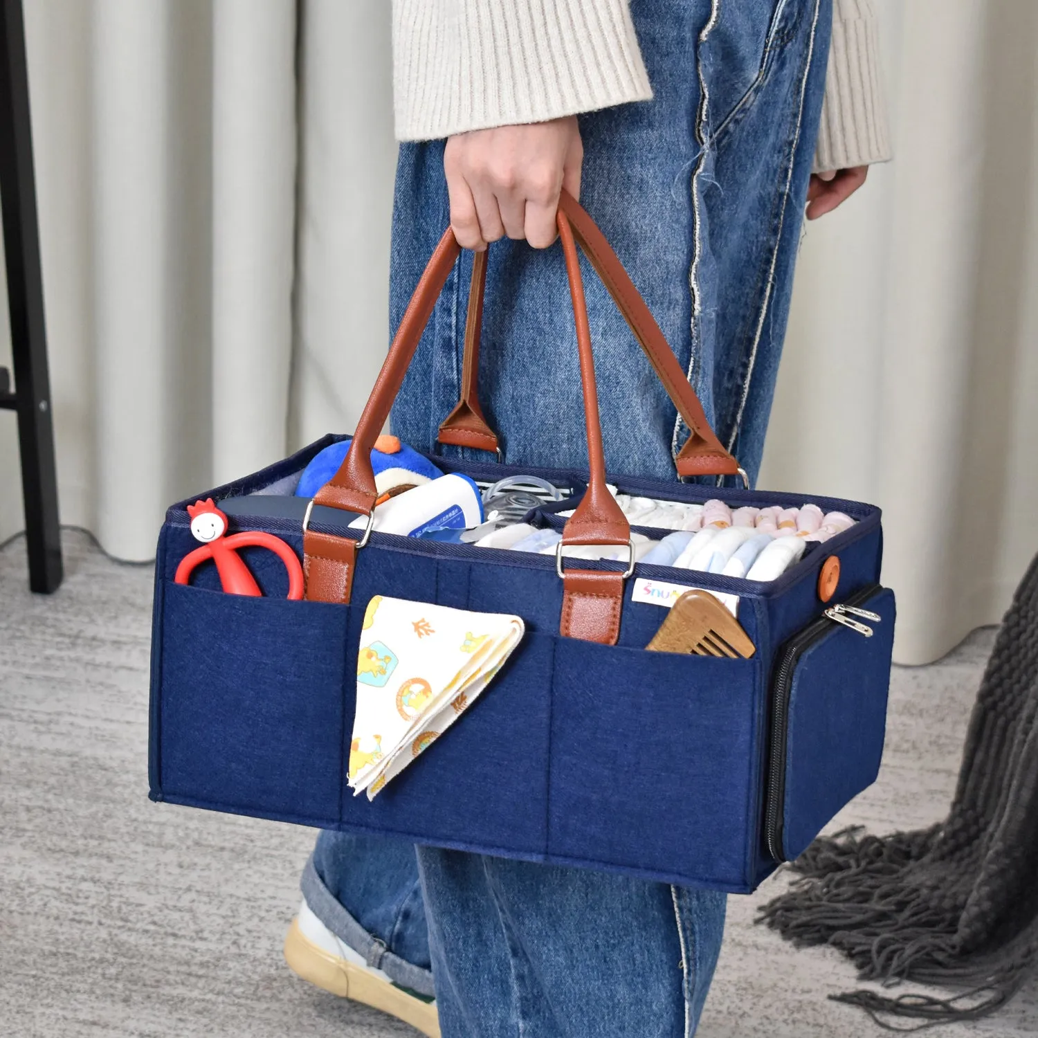 Diaper Caddy Large Size with Lid | Blue with Brown Handles | Portable Diaper Organizer Bag