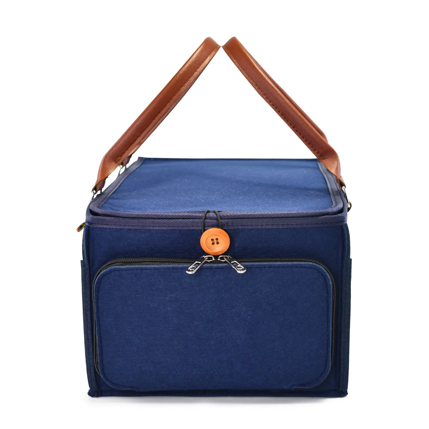 Diaper Caddy Large Size with Lid | Blue with Brown Handles | Portable Diaper Organizer Bag