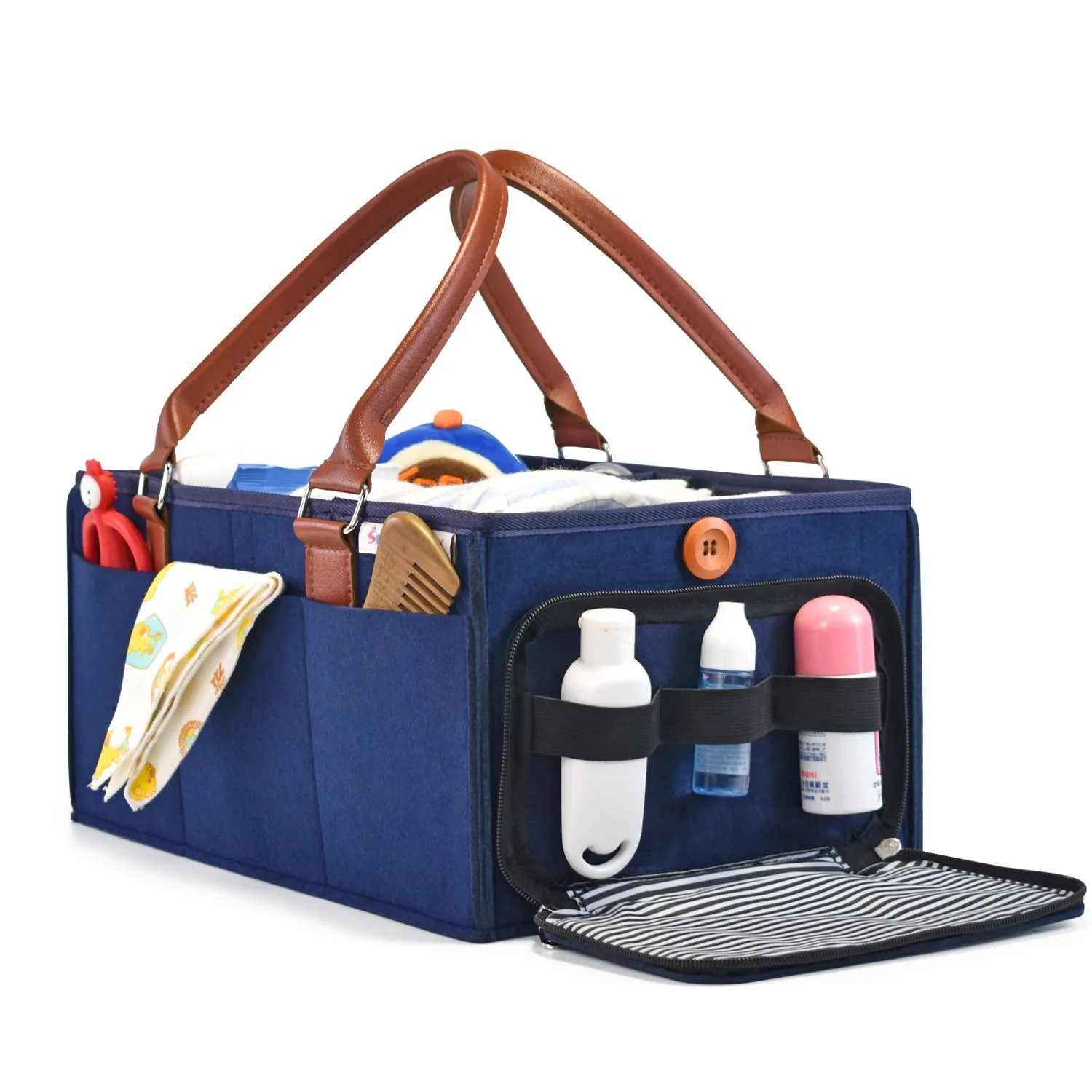 Diaper Caddy Large Size with Lid | Blue with Brown Handles | Portable Diaper Organizer Bag