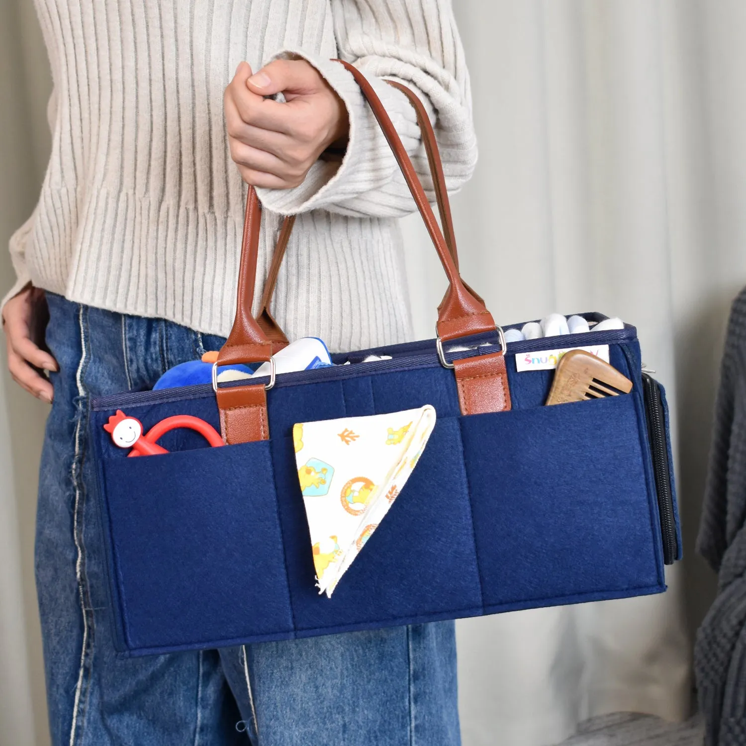 Diaper Caddy Large Size with Lid | Blue with Brown Handles | Portable Diaper Organizer Bag