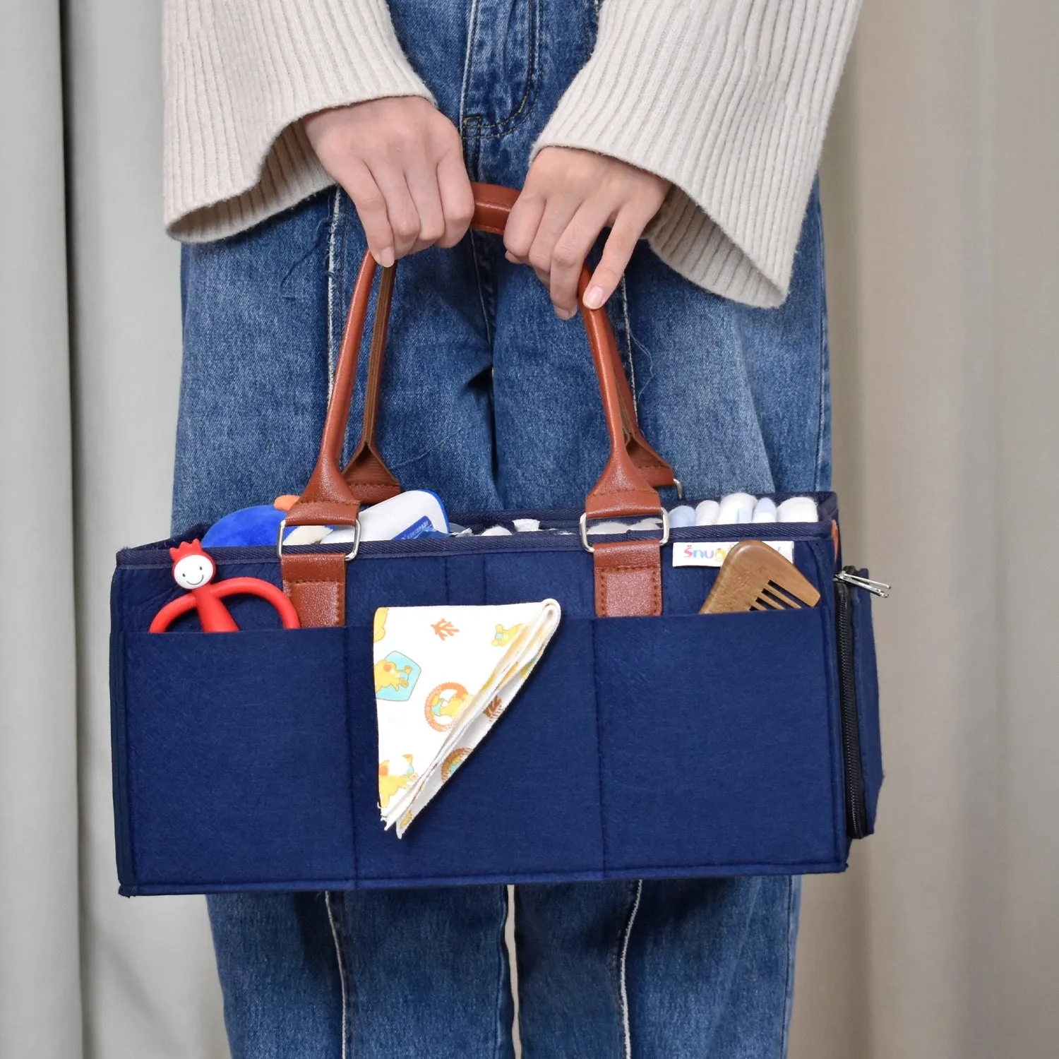 Diaper Caddy Large Size with Lid | Blue with Brown Handles | Portable Diaper Organizer Bag