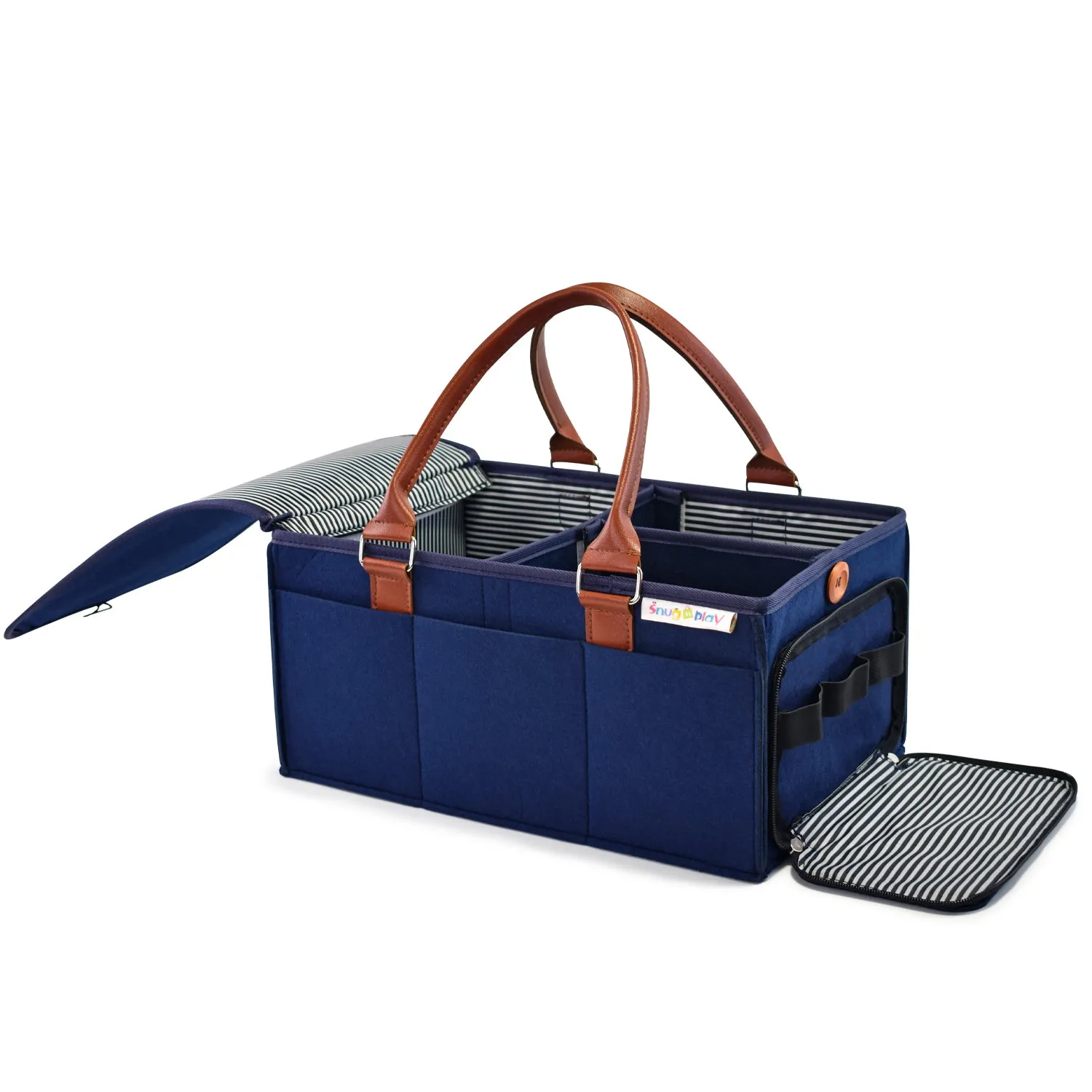 Diaper Caddy Large Size with Lid | Blue with Brown Handles | Portable Diaper Organizer Bag