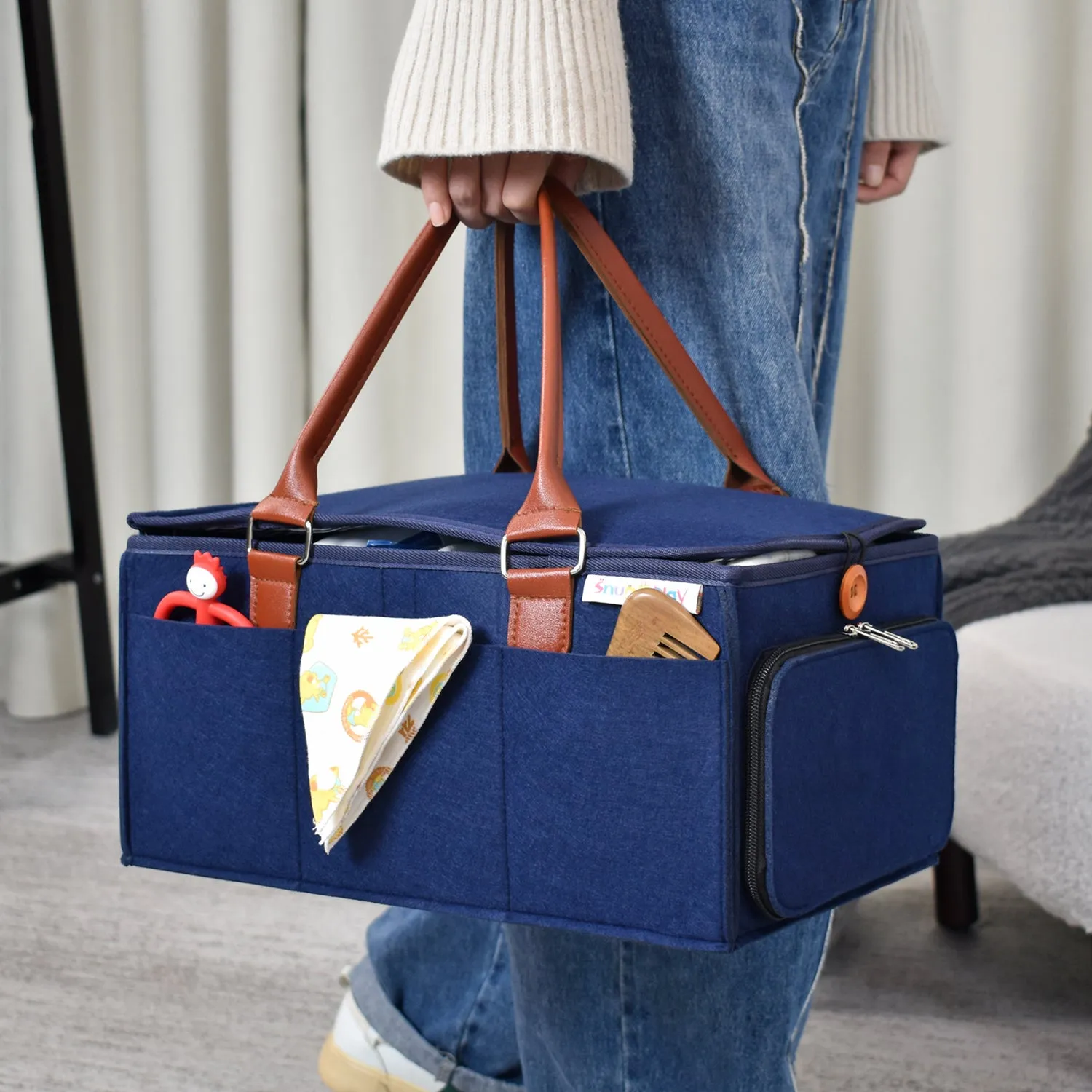 Diaper Caddy Large Size with Lid | Blue with Brown Handles | Portable Diaper Organizer Bag