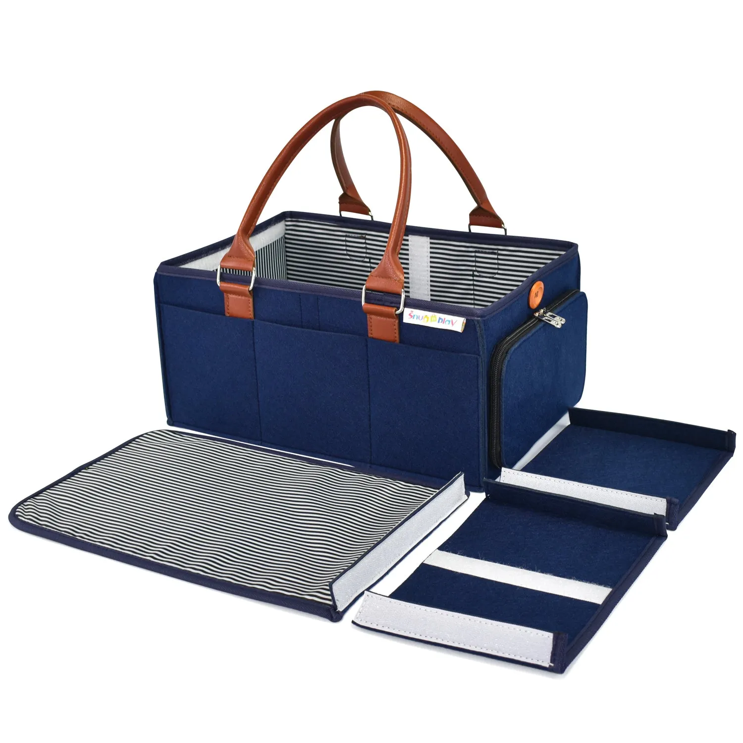 Diaper Caddy Large Size with Lid | Blue with Brown Handles | Portable Diaper Organizer Bag