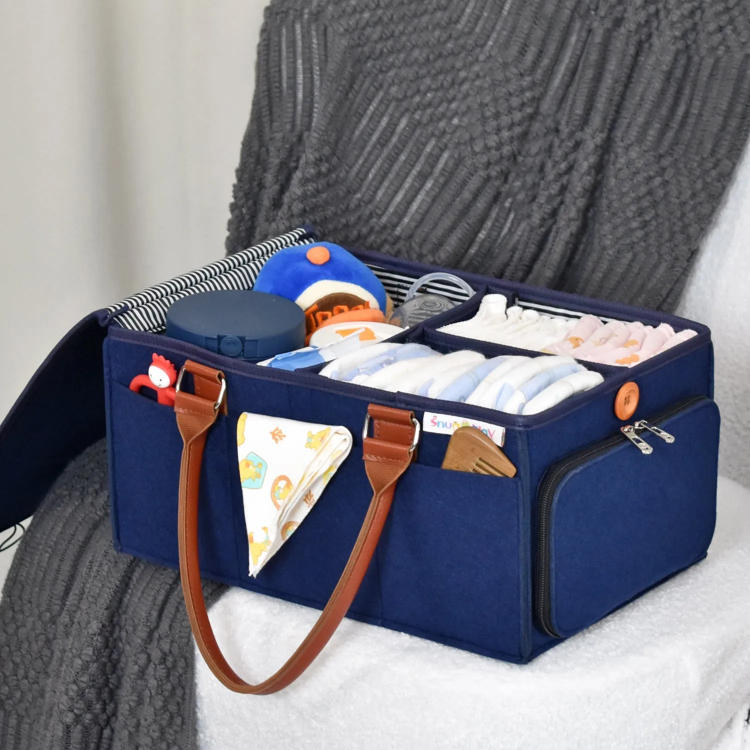 Diaper Caddy Large Size with Lid | Blue with Brown Handles | Portable Diaper Organizer Bag