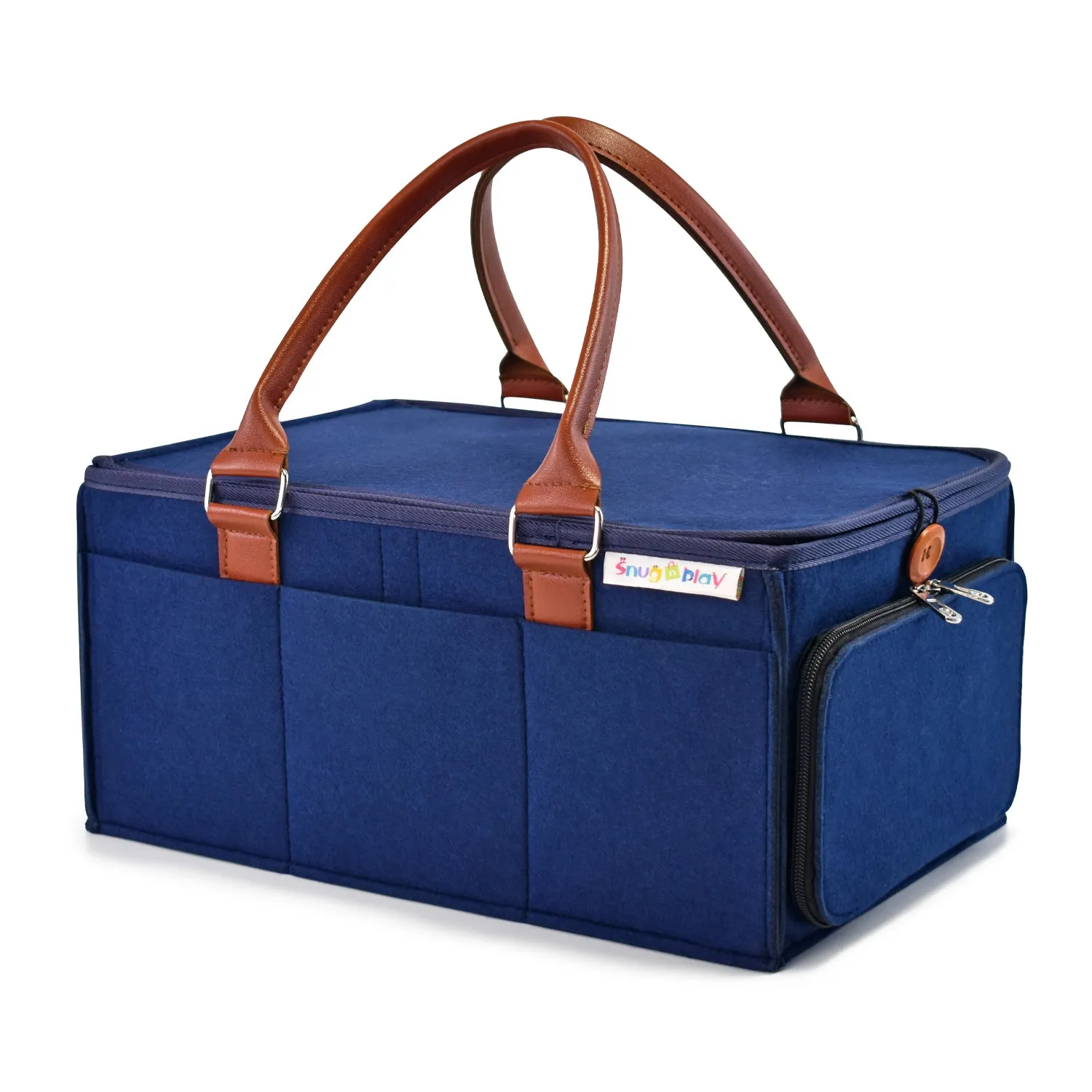 Diaper Caddy Large Size with Lid | Blue with Brown Handles | Portable Diaper Organizer Bag