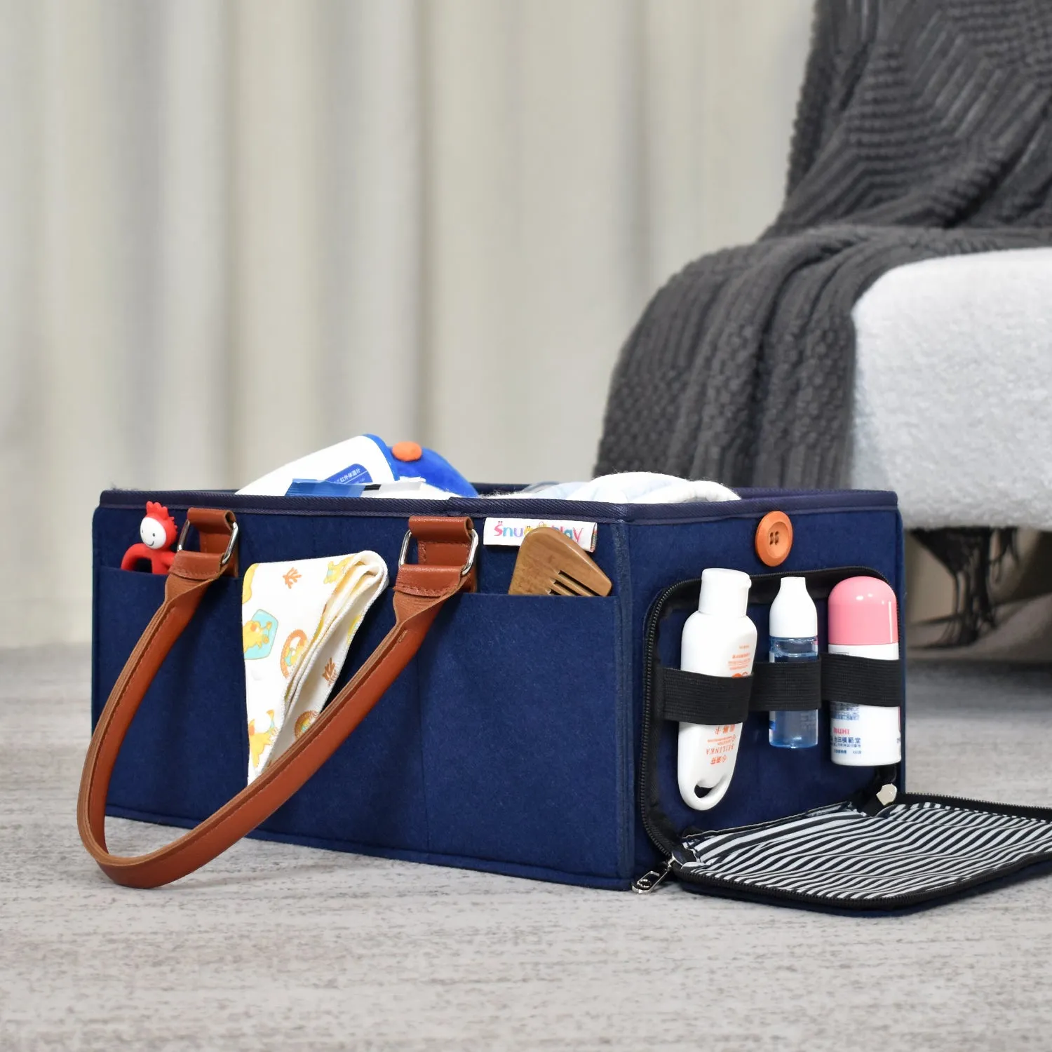 Diaper Caddy Large Size with Lid | Blue with Brown Handles | Portable Diaper Organizer Bag