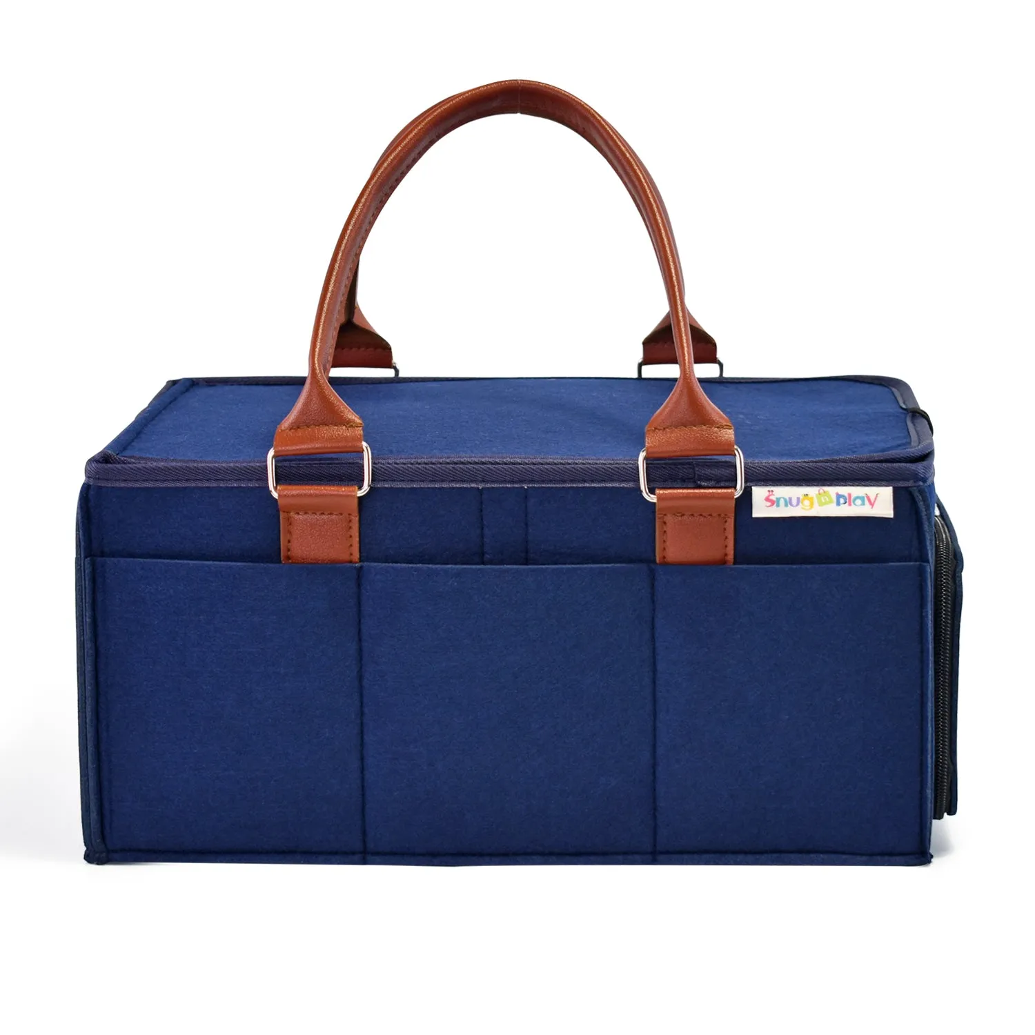 Diaper Caddy Large Size with Lid | Blue with Brown Handles | Portable Diaper Organizer Bag
