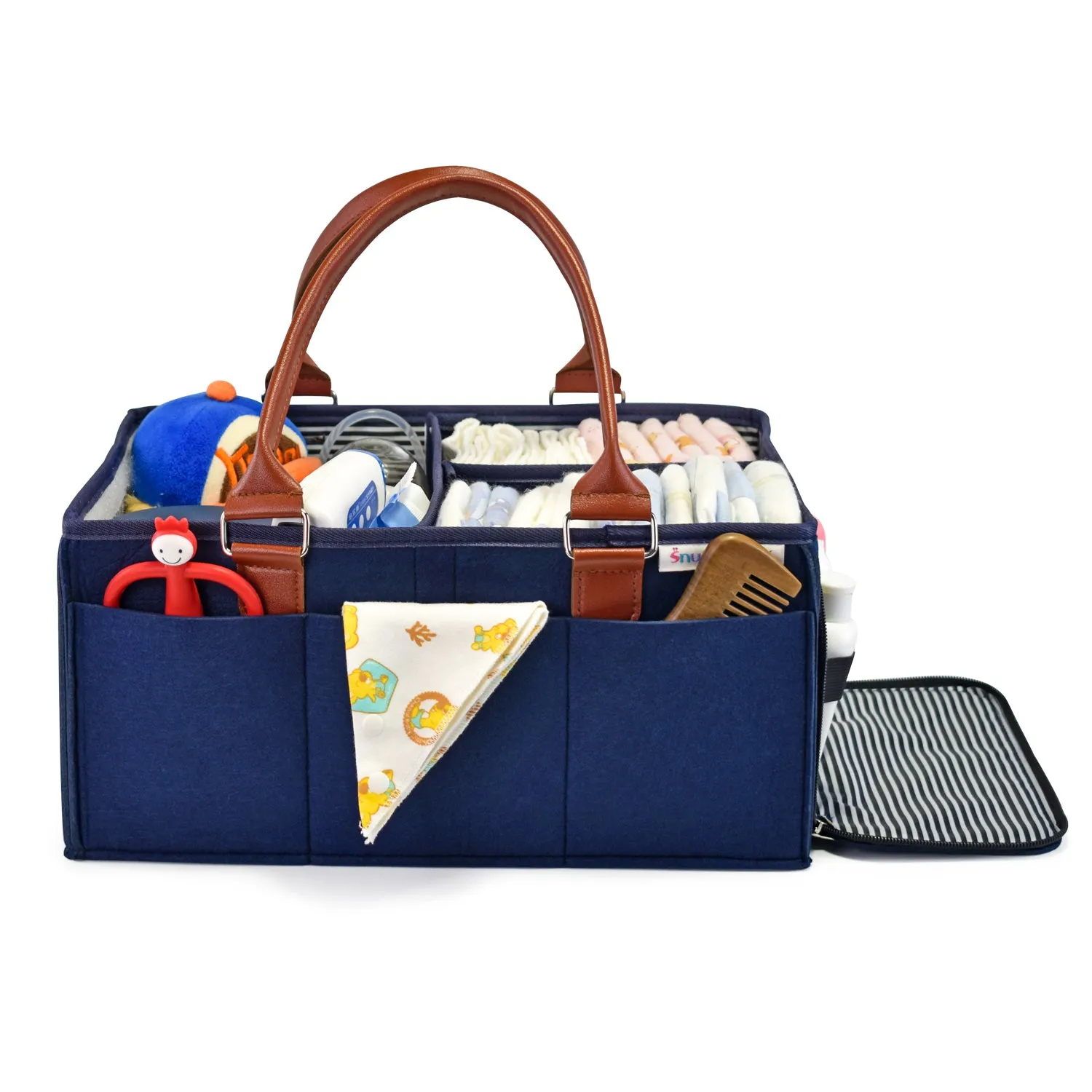Diaper Caddy Large Size with Lid | Blue with Brown Handles | Portable Diaper Organizer Bag