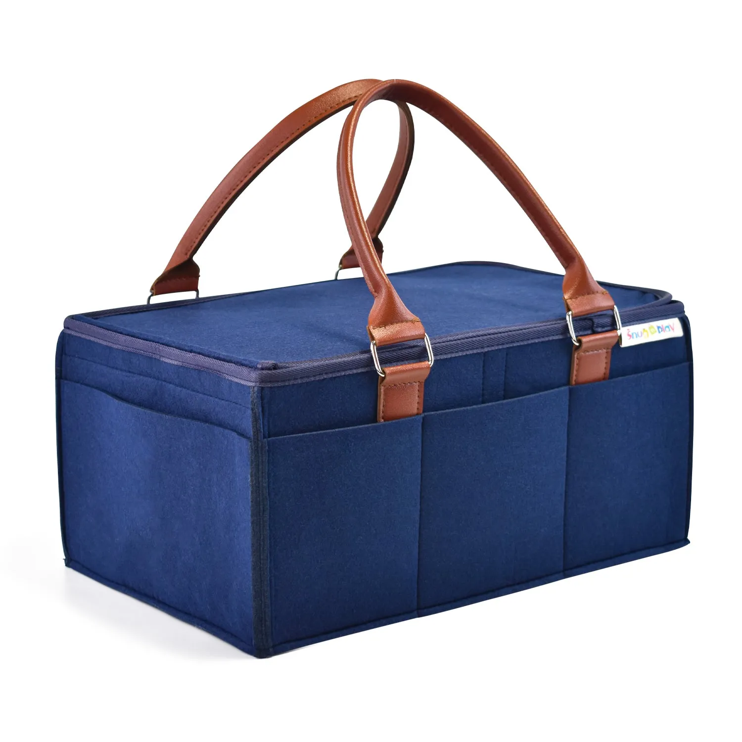 Diaper Caddy Large Size with Lid | Blue with Brown Handles | Portable Diaper Organizer Bag
