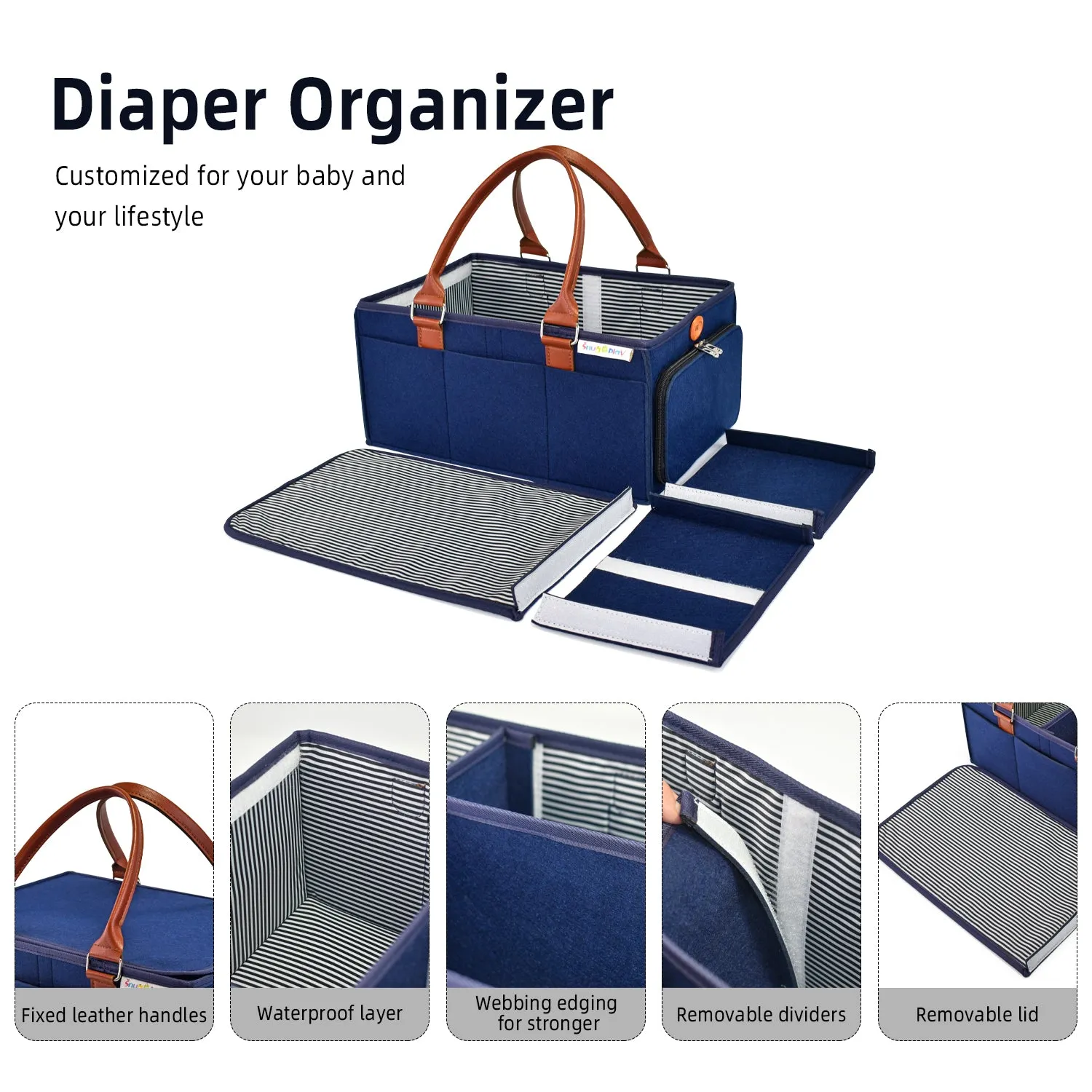 Diaper Caddy Large Size with Lid | Blue with Brown Handles | Portable Diaper Organizer Bag