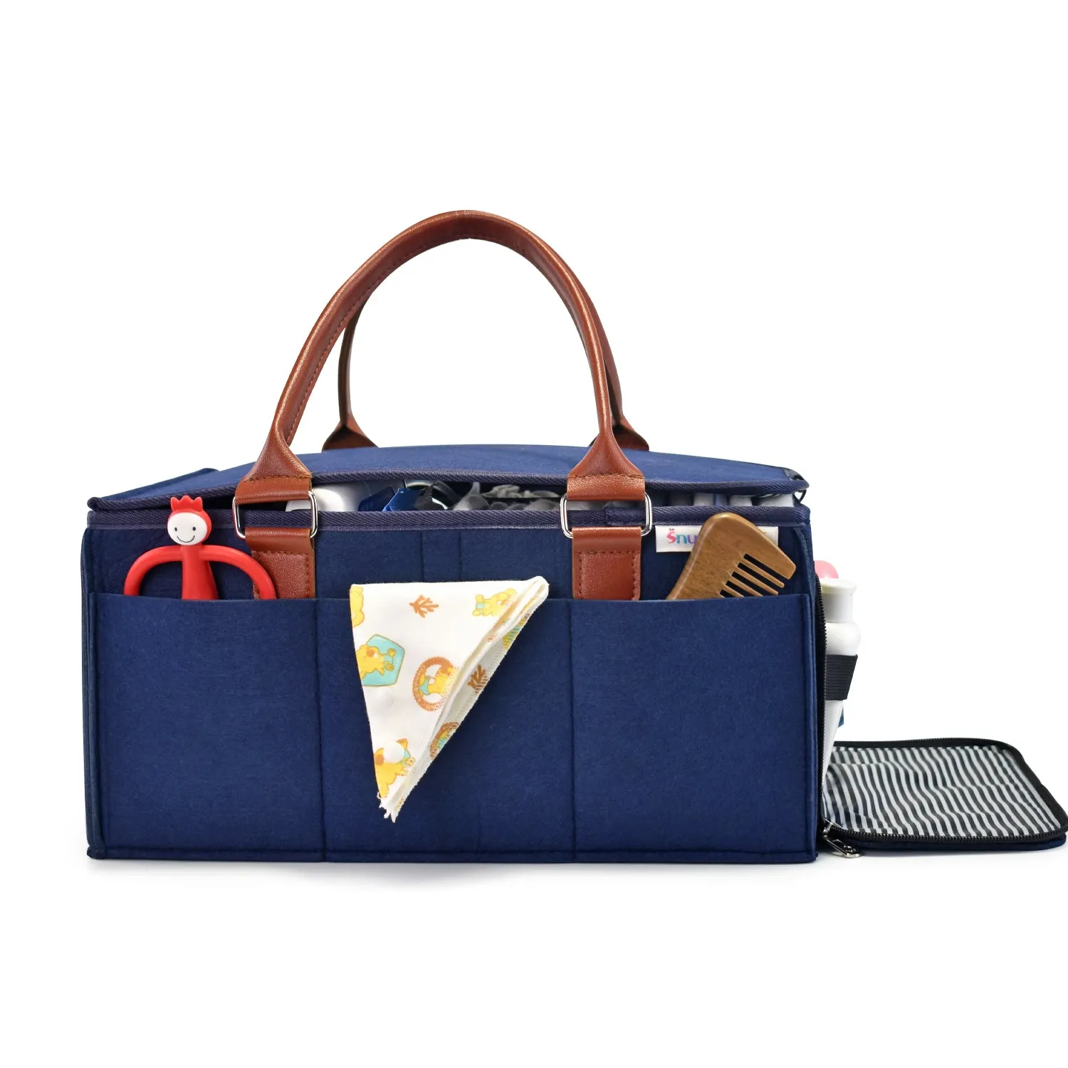 Diaper Caddy Large Size with Lid | Blue with Brown Handles | Portable Diaper Organizer Bag