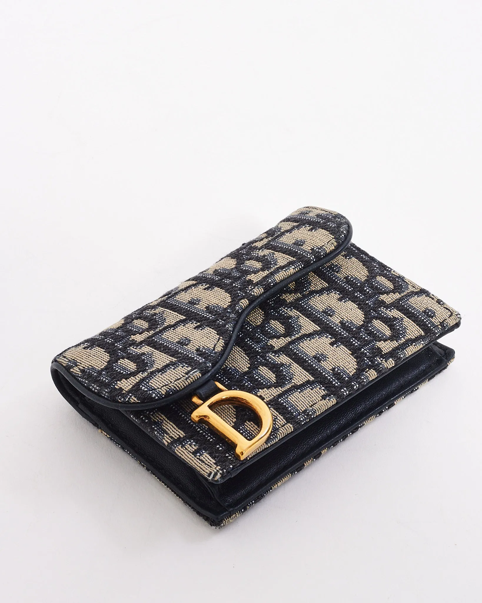 Dior Blue Canvas Oblique Jacquard Saddle Card Holder Wallet