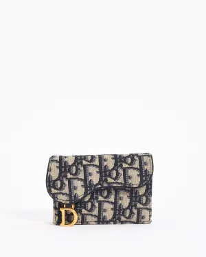 Dior Blue Canvas Oblique Jacquard Saddle Card Holder Wallet