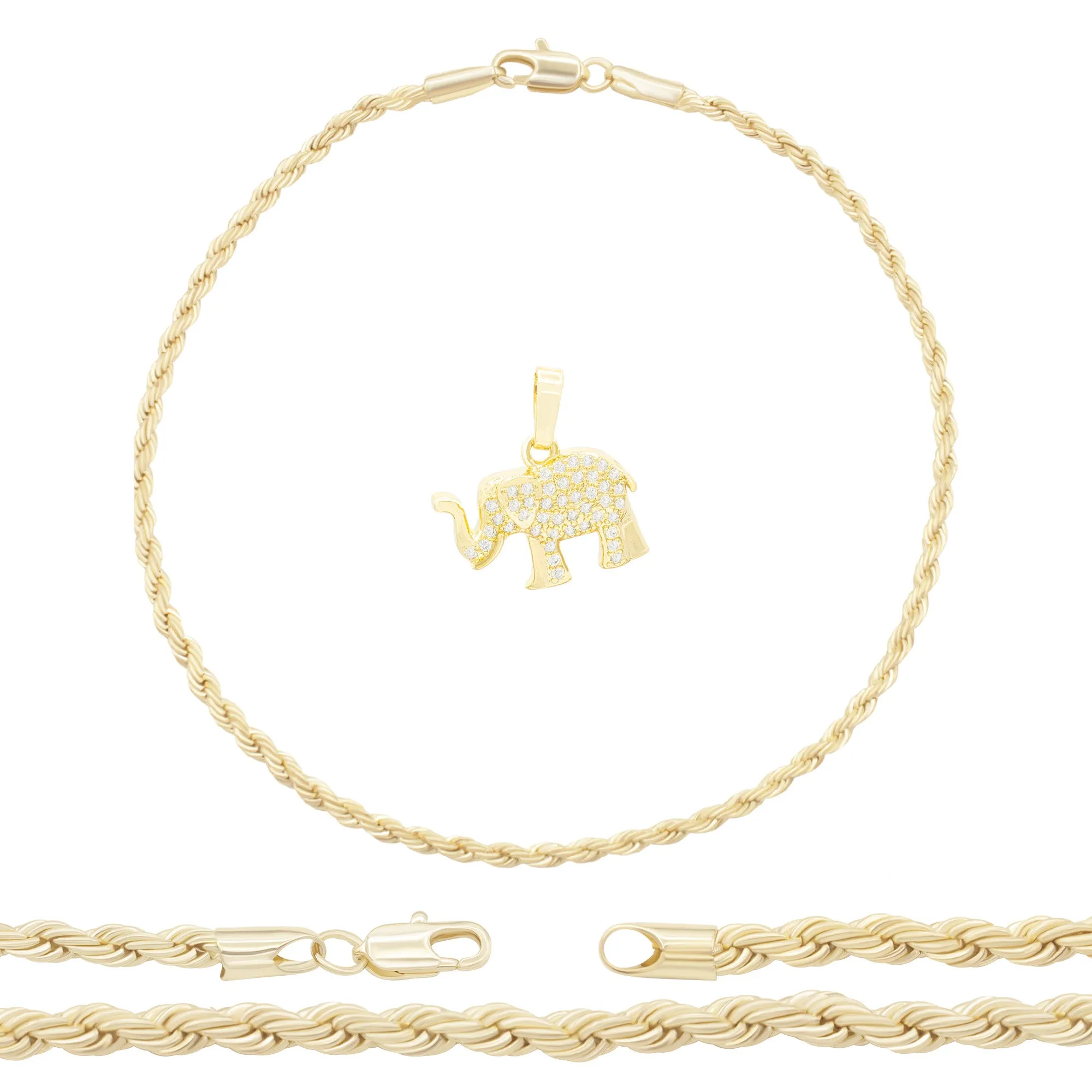 Elephant Pendant 14K Gold Filled Rope Anklet 2.4 mm Chain 10" Jewelry for Teen Female Brass