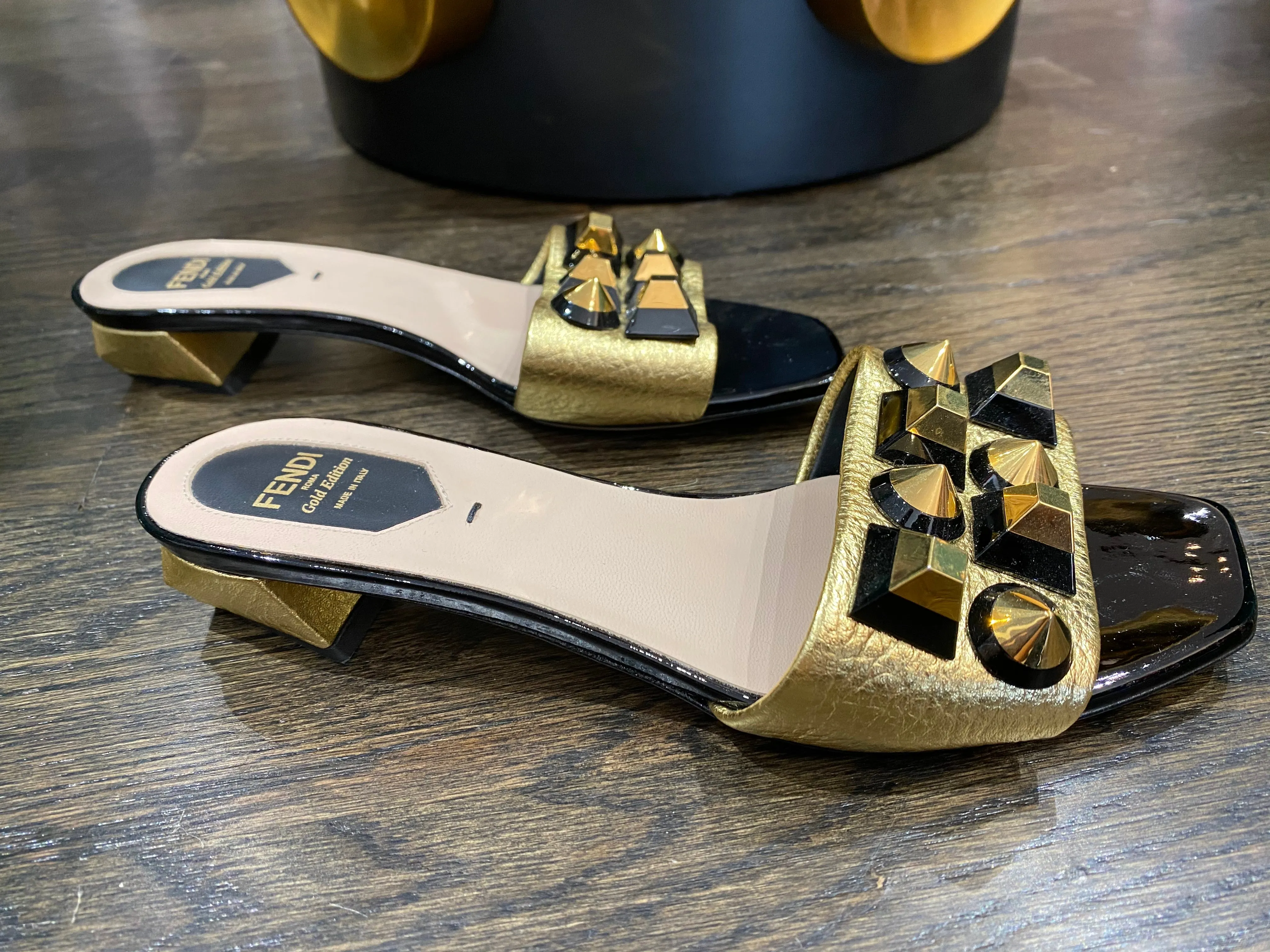 Fendi Patent Slide Sandal with Gold Studs