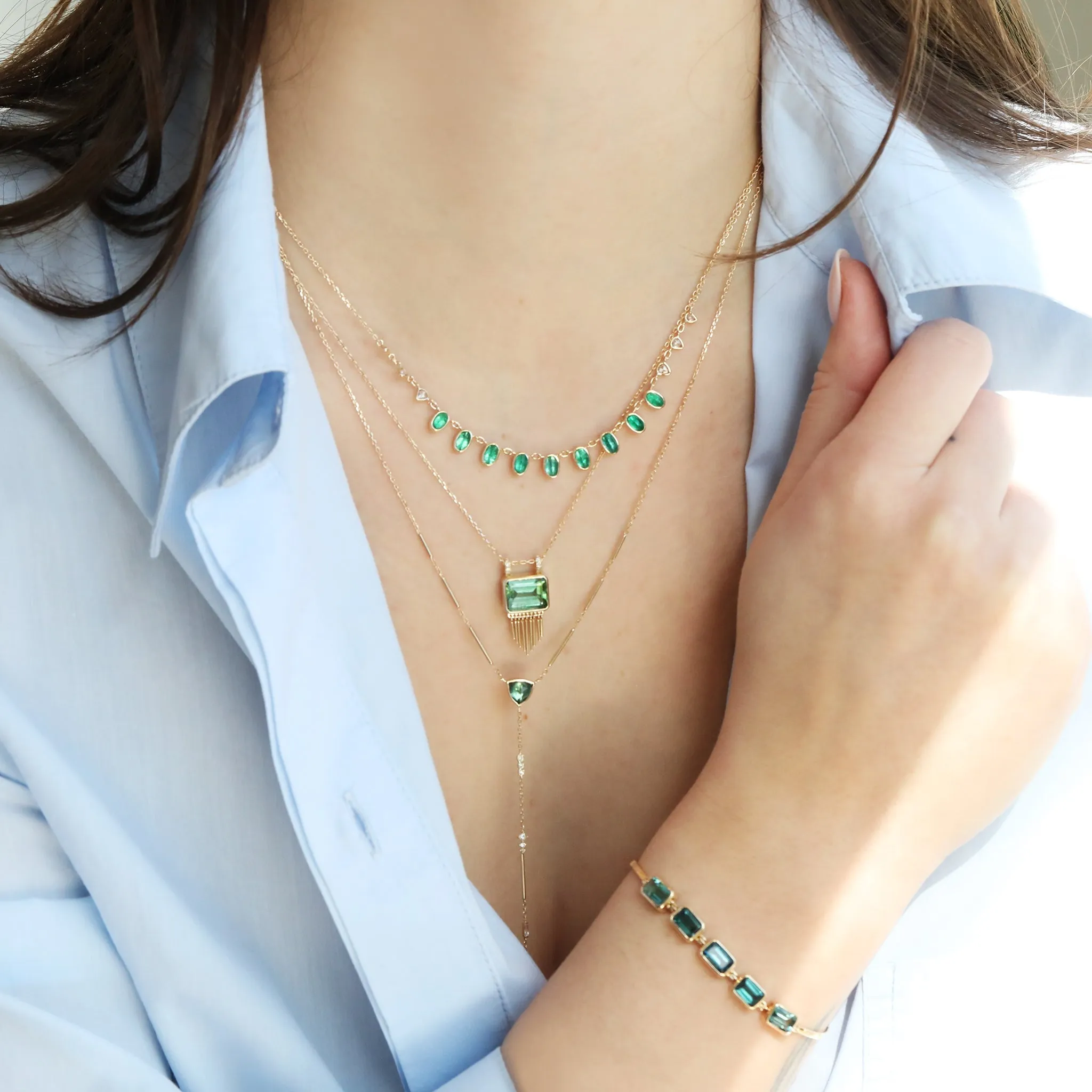 Gold "Articulated" Bezel-Set Blue-Green Tourmaline Baguette Bracelet