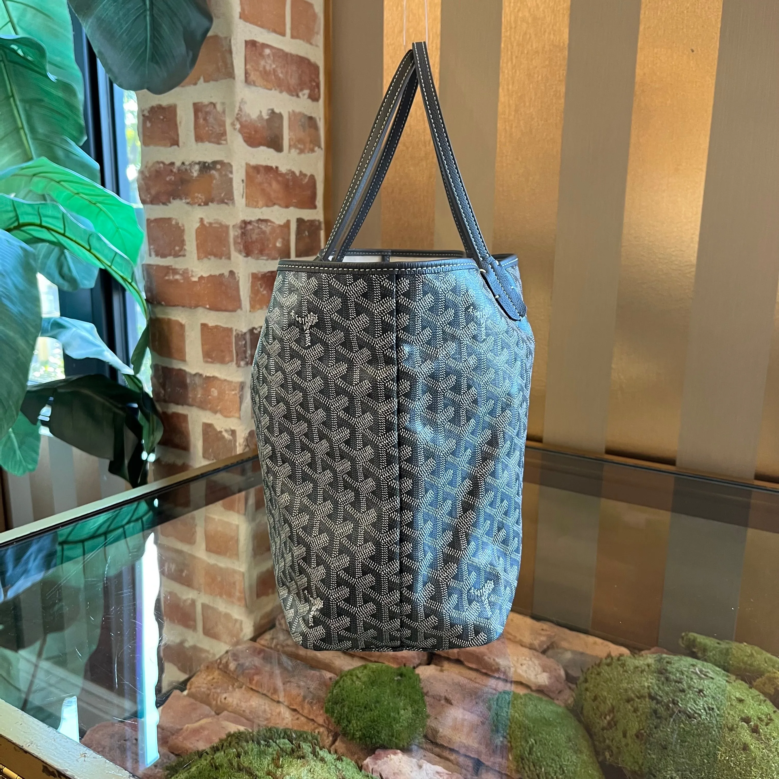GOYARD ST Louis PM Grey Goyardine Canvas Chevroches Calfskin Tote