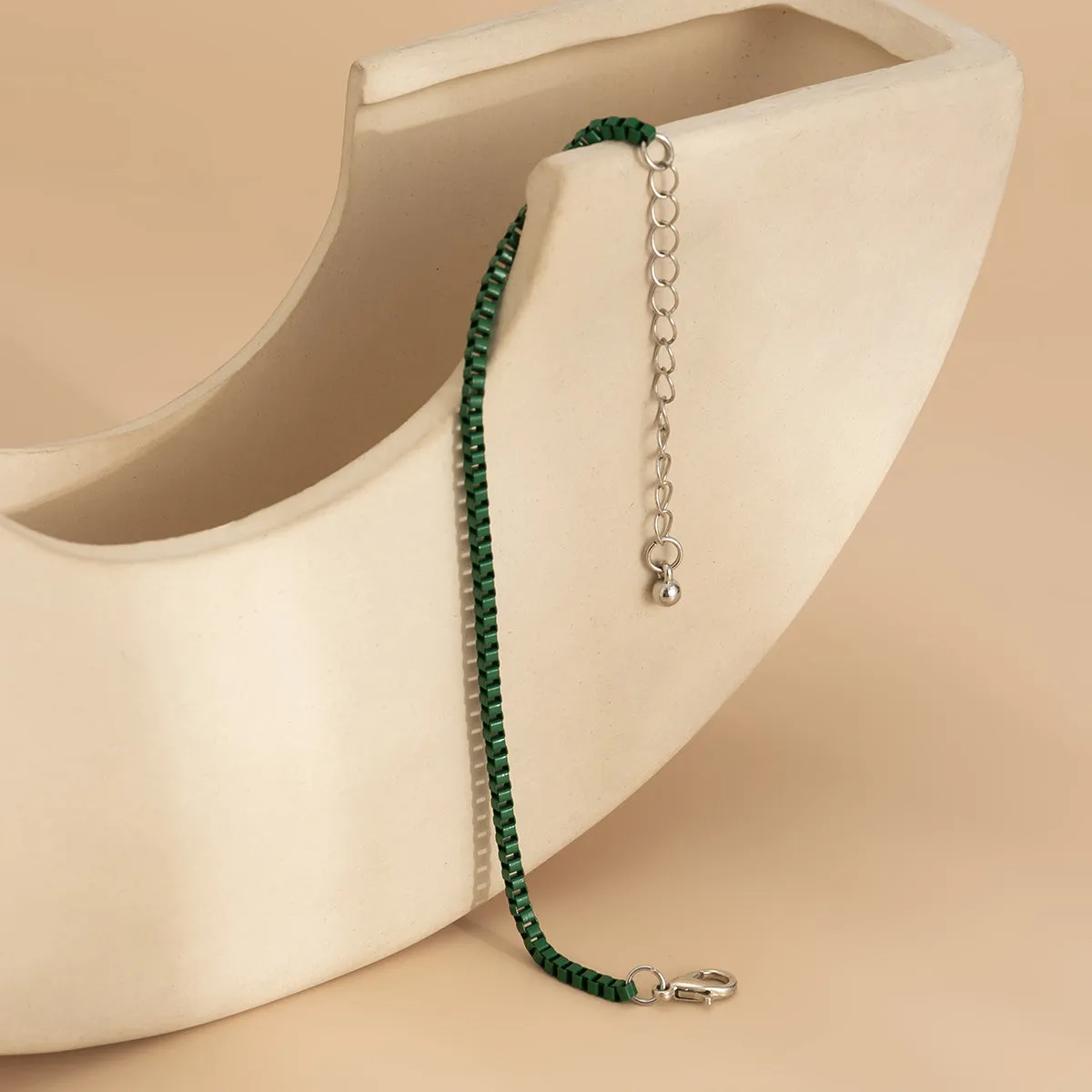 Green Enamel & Silver-Plated Box Chain Bracelet