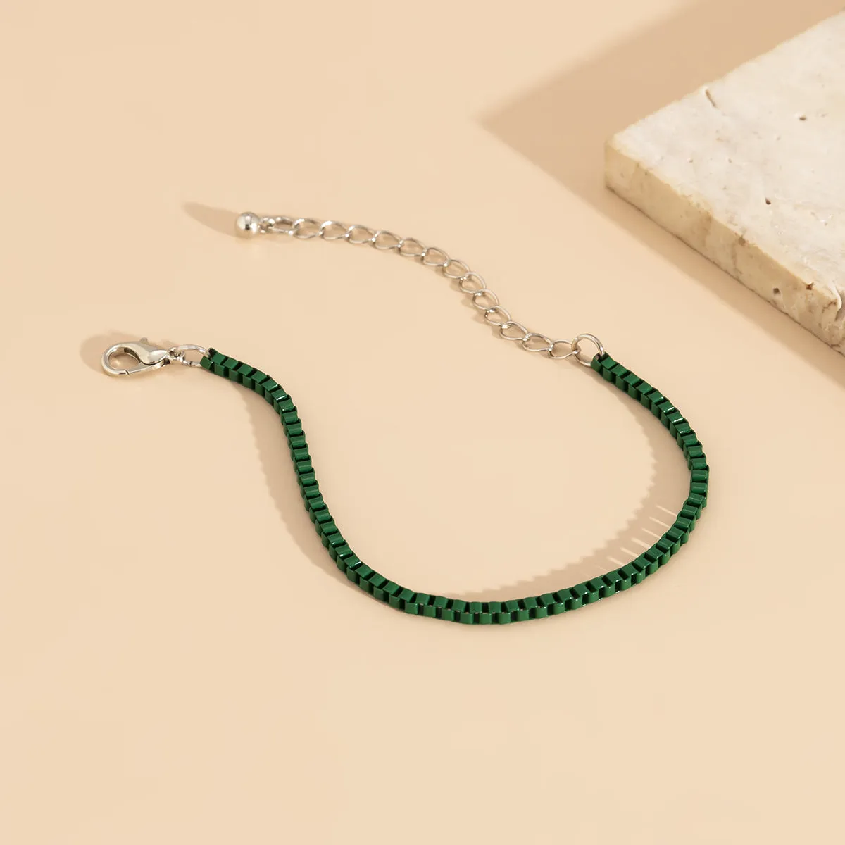 Green Enamel & Silver-Plated Box Chain Bracelet