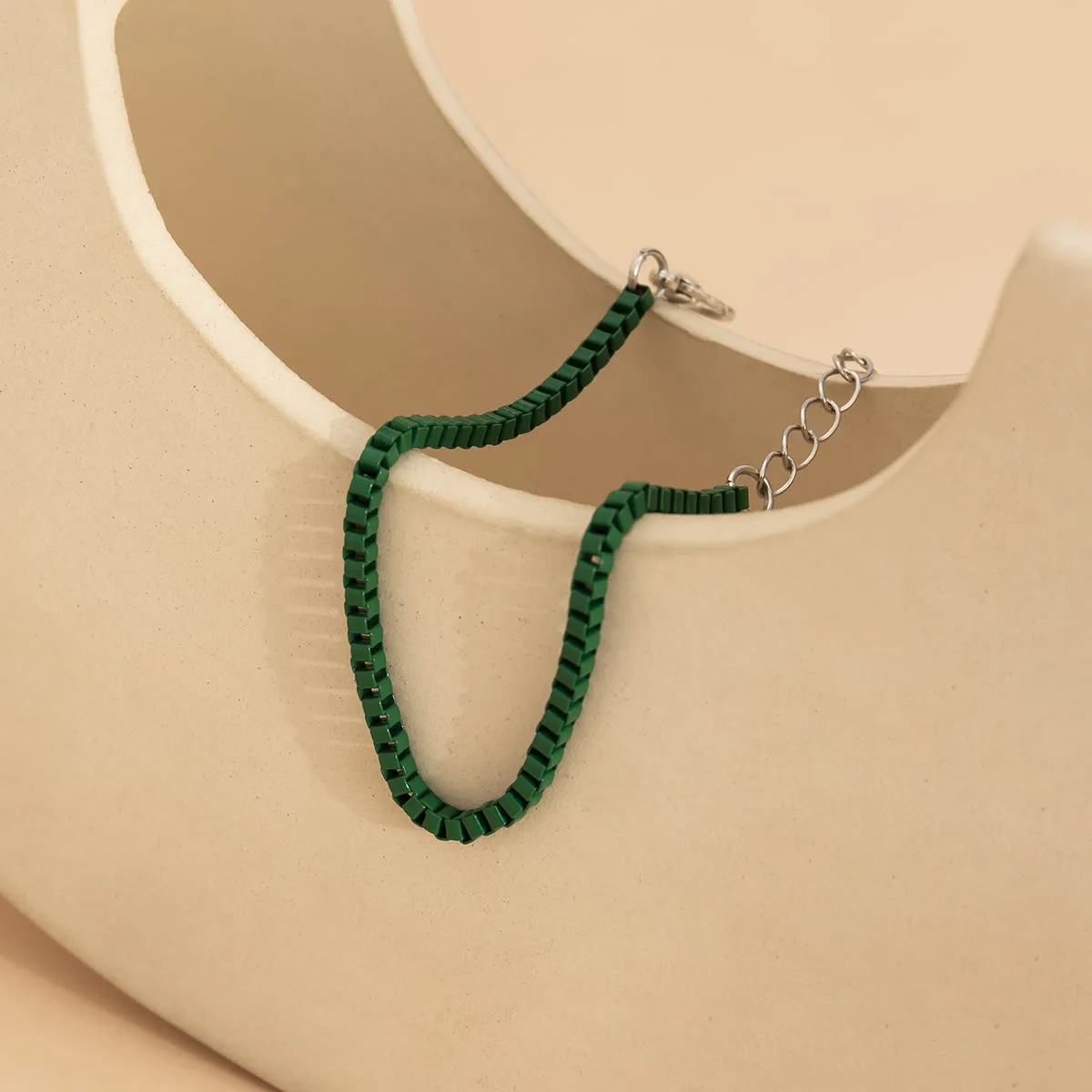 Green Enamel & Silver-Plated Box Chain Bracelet