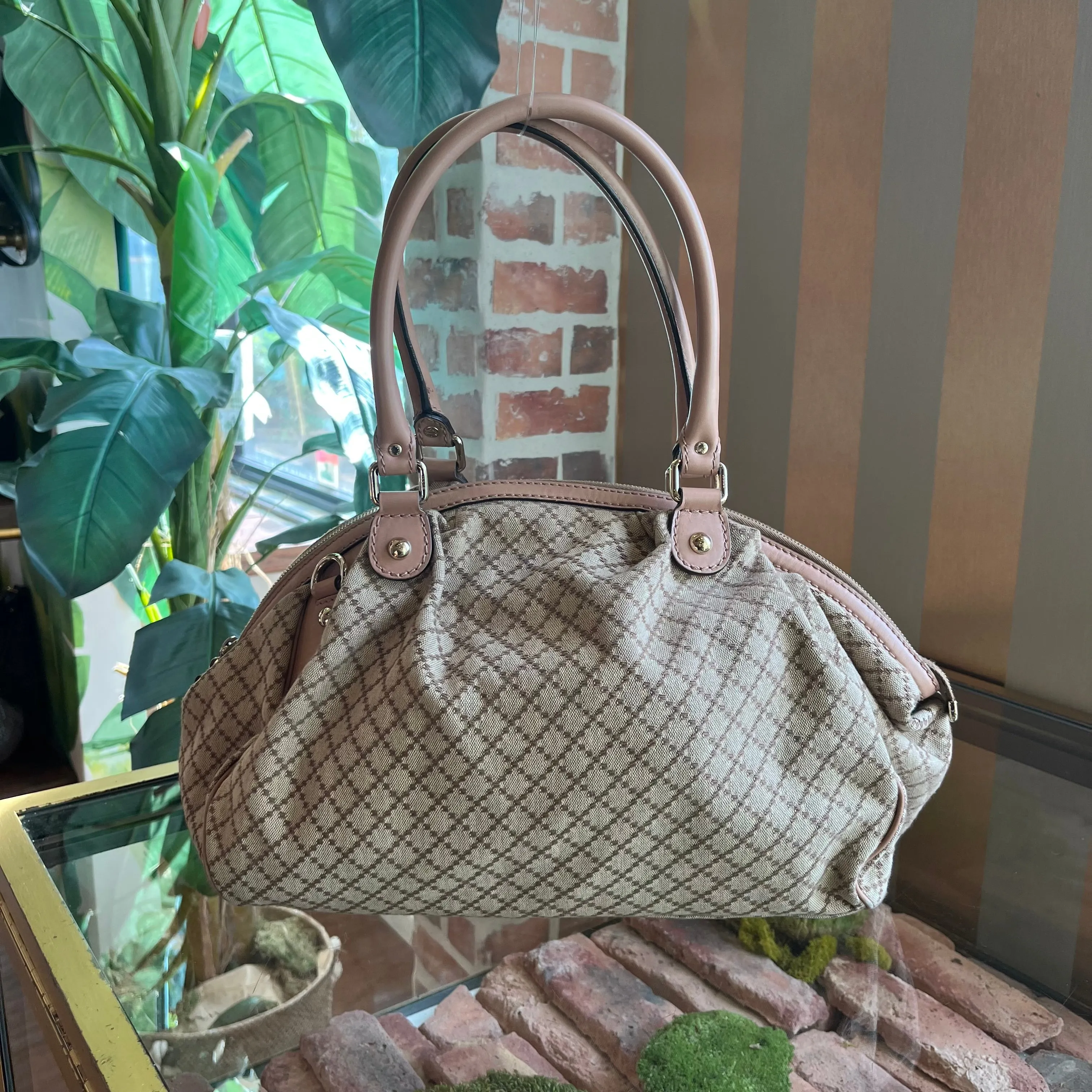 GUCCI Diamante Sukey Medium Beige/Pink Canvas Two Way Bag