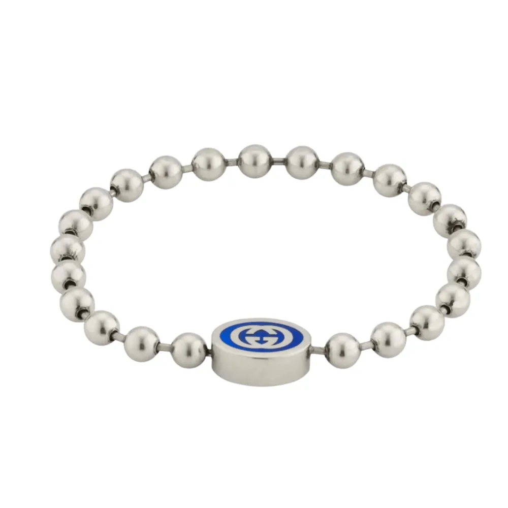 Gucci Interlocking G Boule Blue Enamel Sterling Silver Chain Bracelet