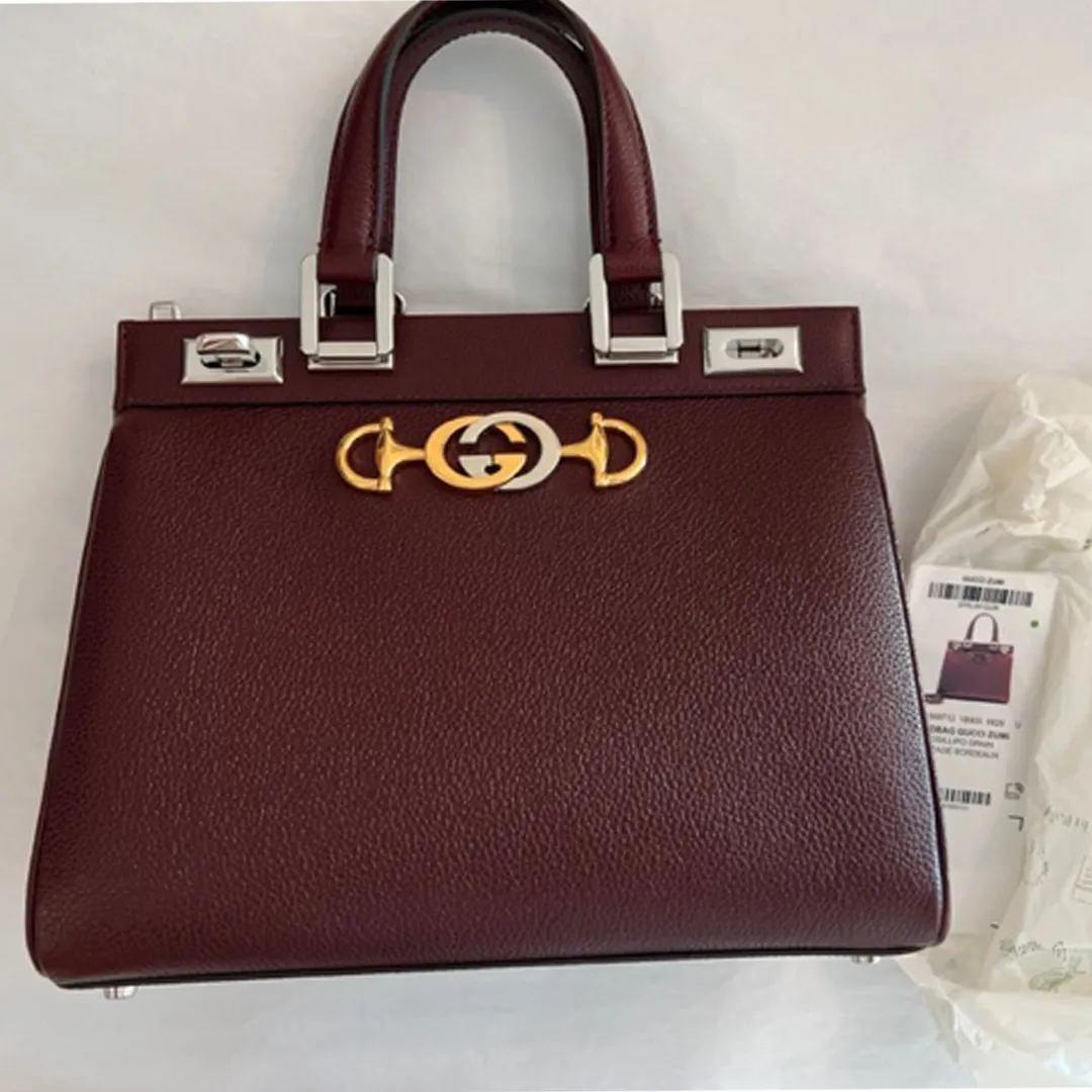 Gucci Zumi Gold Wine Red Shoulder Bag Top Handle Handbag Leather Bordeaux NEW