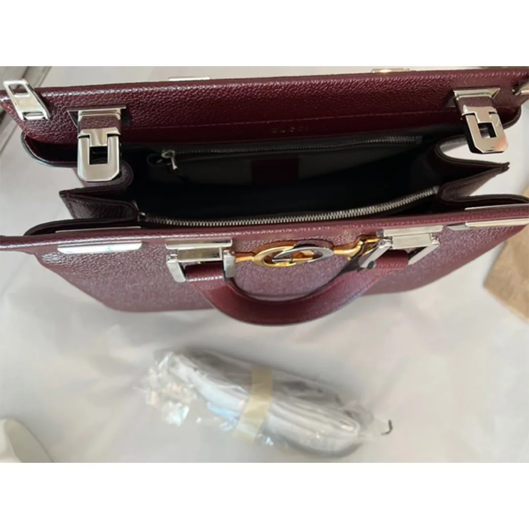 Gucci Zumi Gold Wine Red Shoulder Bag Top Handle Handbag Leather Bordeaux NEW