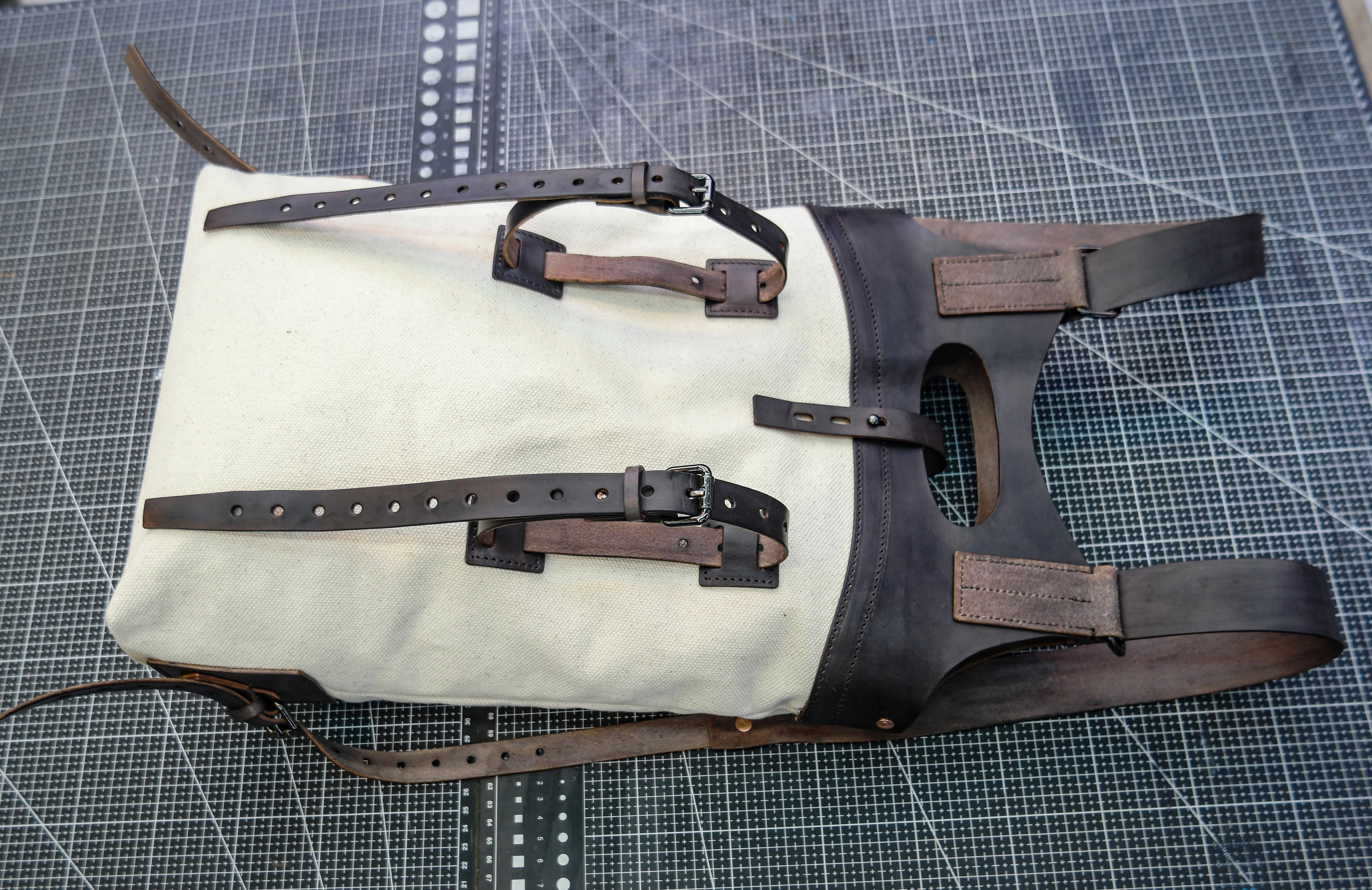 Handmade dyed plant tanned leather hiking camping oil wax canvas backpack