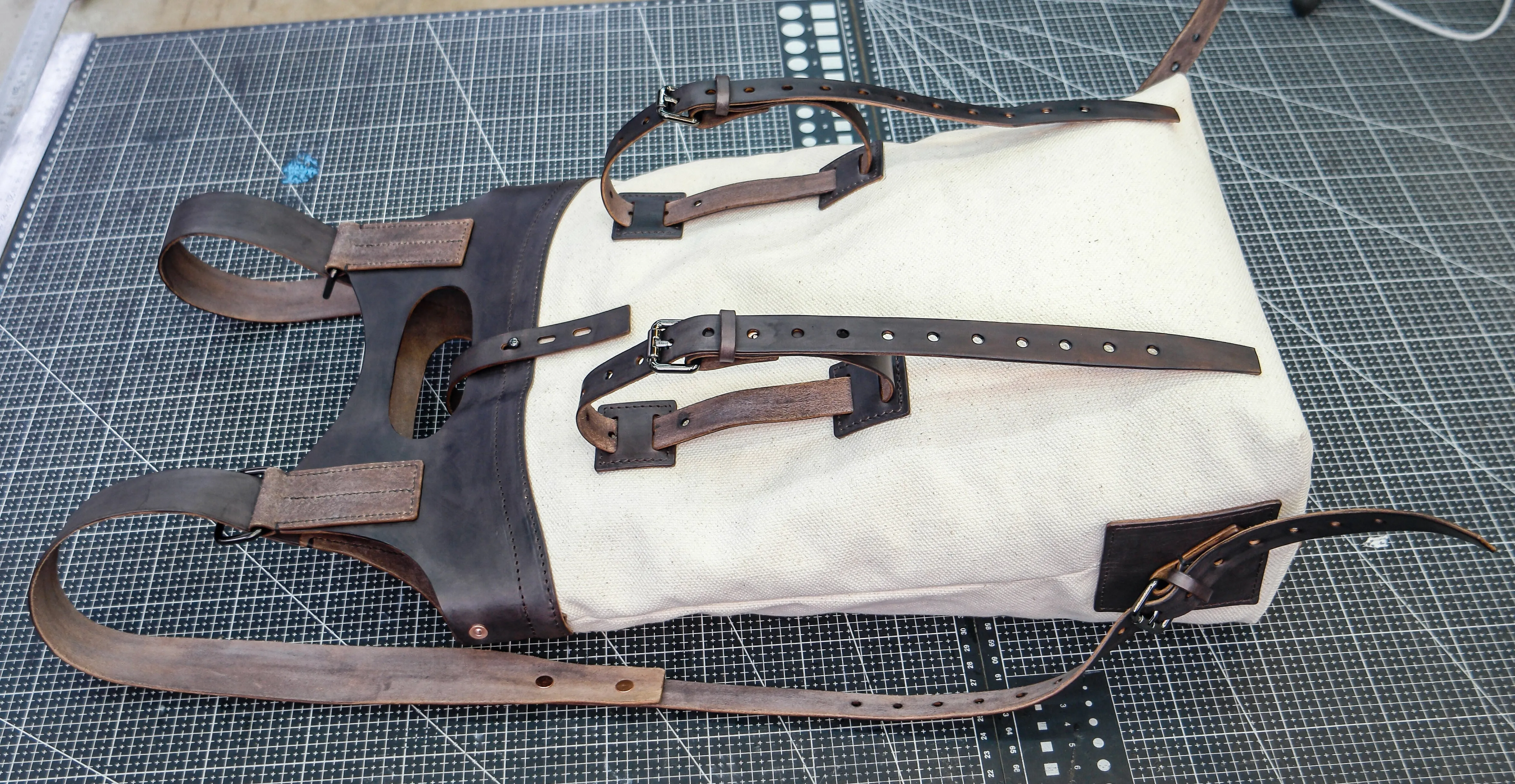 Handmade dyed plant tanned leather hiking camping oil wax canvas backpack