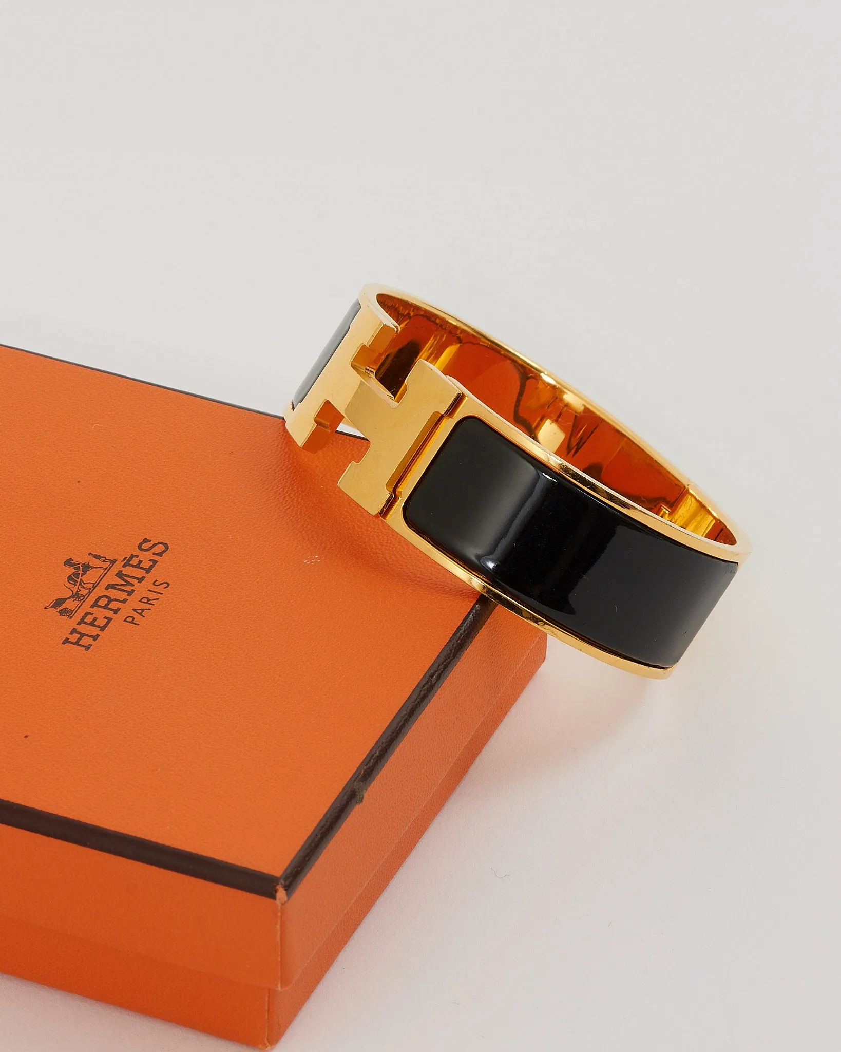 Hermes Gold/Black Wide H Clic Clac Bracelet