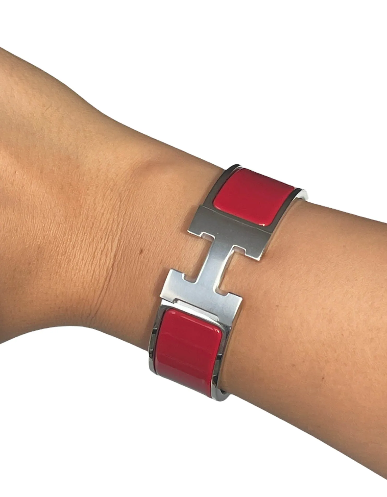 Hermes Palladium/ Red Wide H Clic Clac Bracelet sz PM