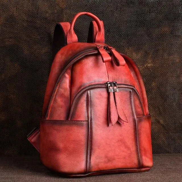 High Quality Genuine Leather Women  Backpack Brush Color Bag Retro Knapsack Real Cowhide School Book Rucksack Travel Daypack