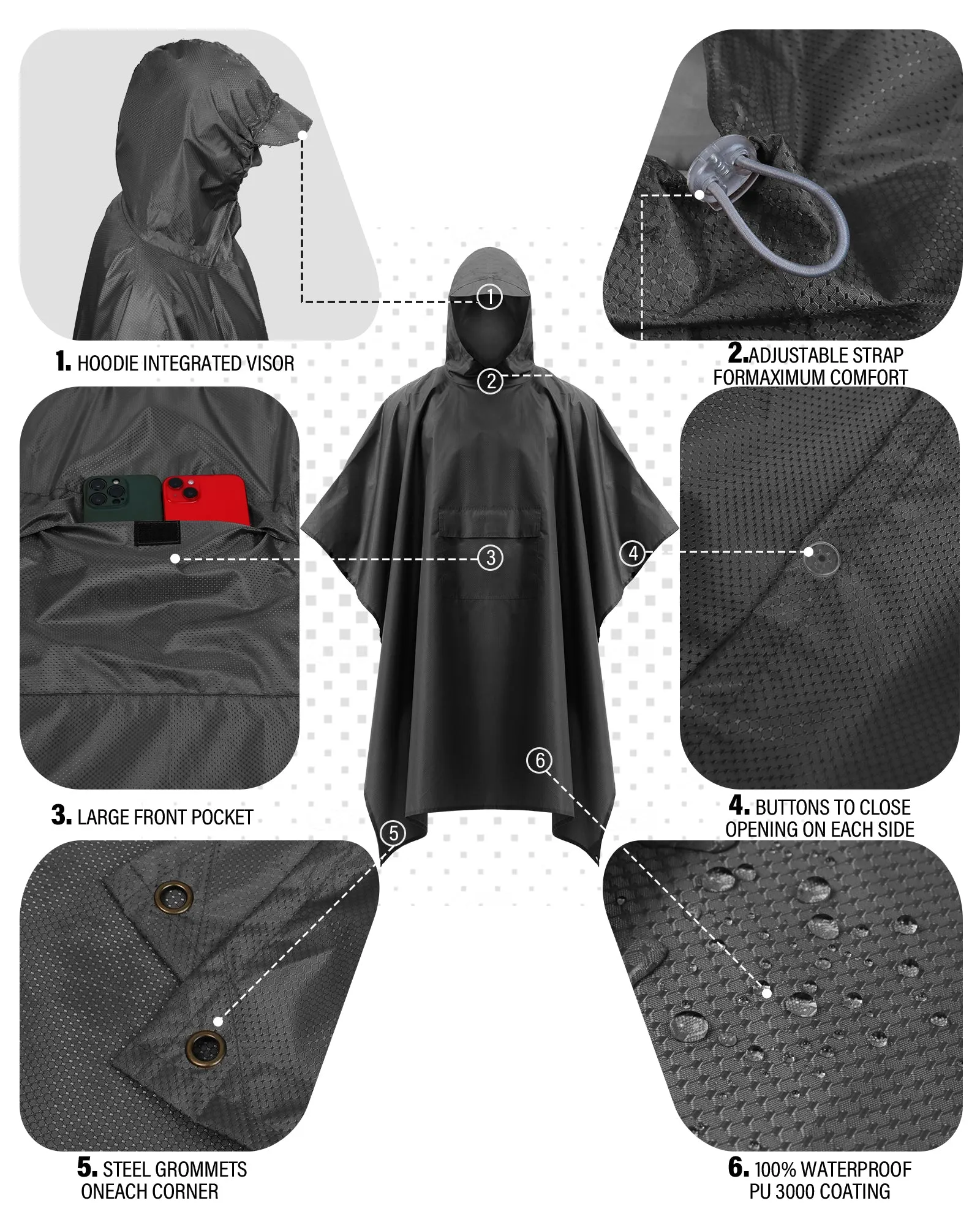 iCreek Hooded Rain Poncho with Pocket Waterproof Raincoat Jacket Lightweight Unisex