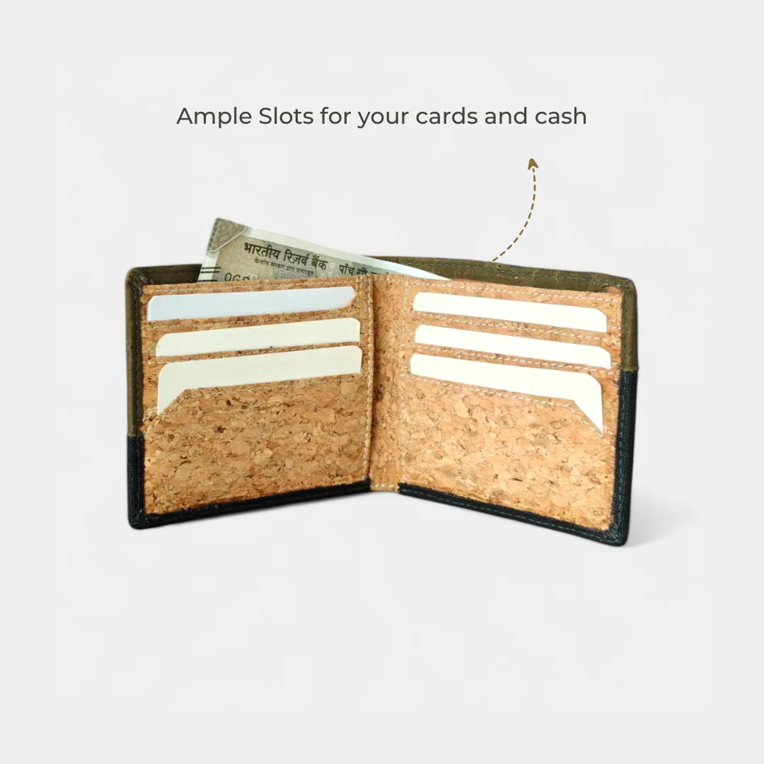 Kakapo Cork & Canvas Bifold Wallet - Olive green and black