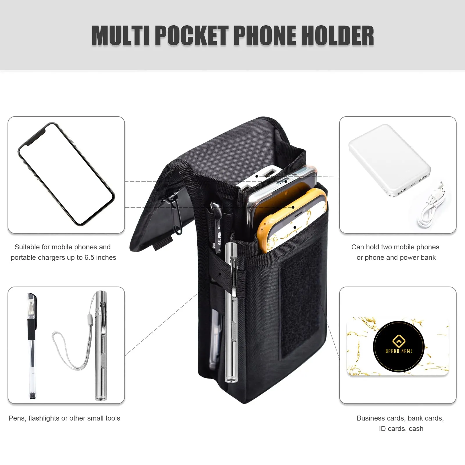 KATOLK Dual Phone Holster,Belt Phone Pouch, Large Smartphone Pouch Cell Phone Holder, Multi-Purpose Tactical Phone Pouch, Cell Phone Holder for Work, Hiking, Camping, Barbecue, Rescue (Black, XL)