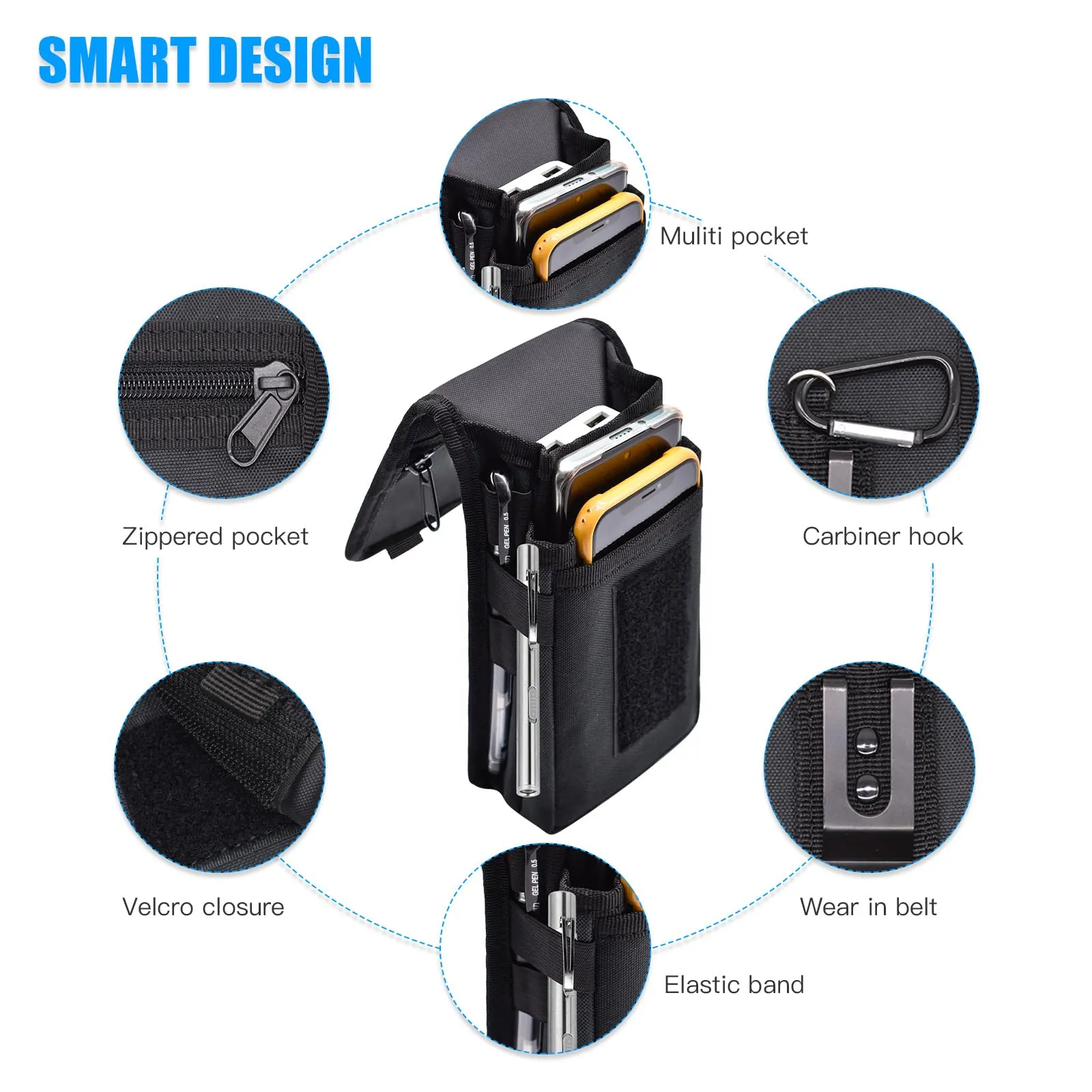 KATOLK Dual Phone Holster,Belt Phone Pouch, Large Smartphone Pouch Cell Phone Holder, Multi-Purpose Tactical Phone Pouch, Cell Phone Holder for Work, Hiking, Camping, Barbecue, Rescue (Black, XL)