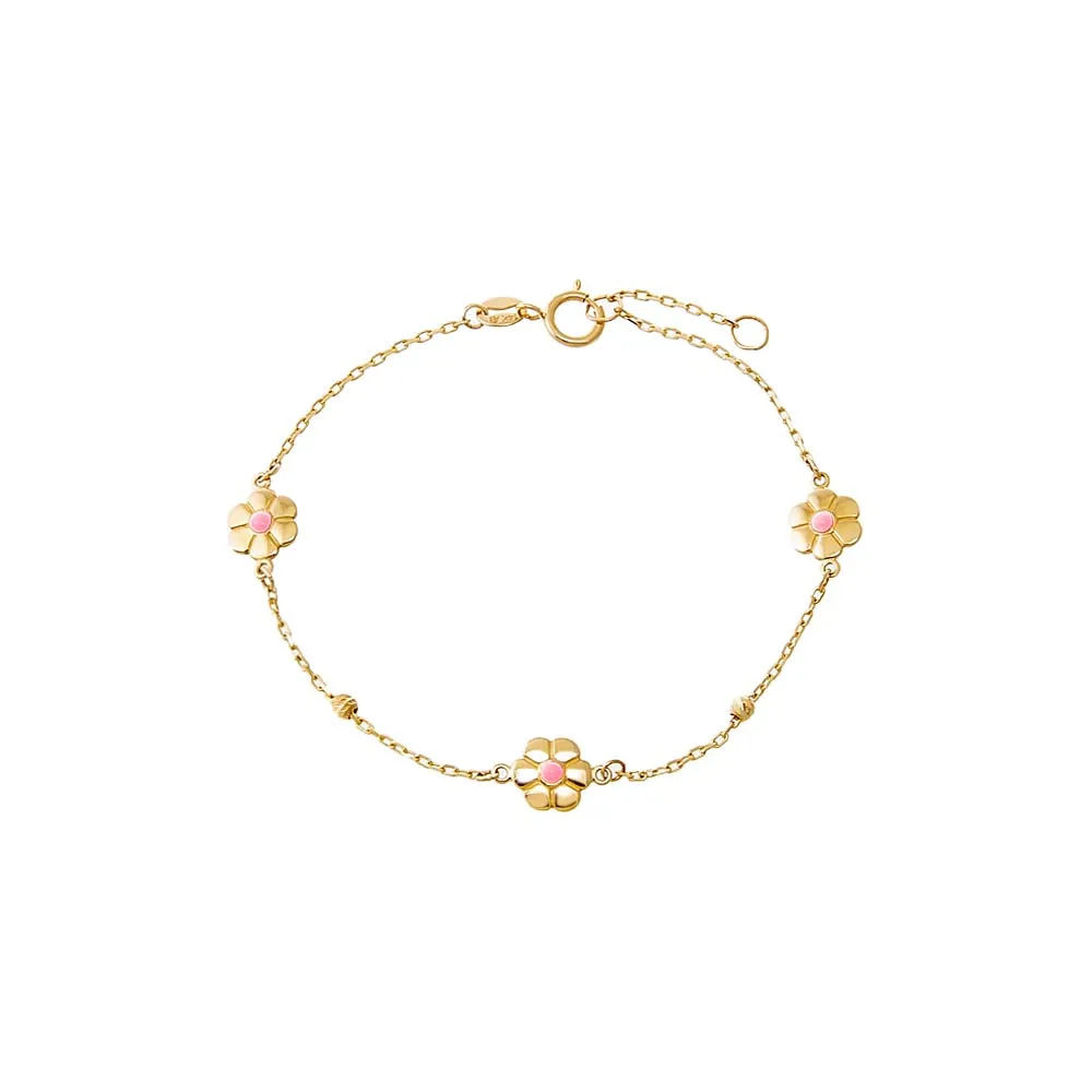 Kids Pink Enamel Triple Flower Bracelet 14K