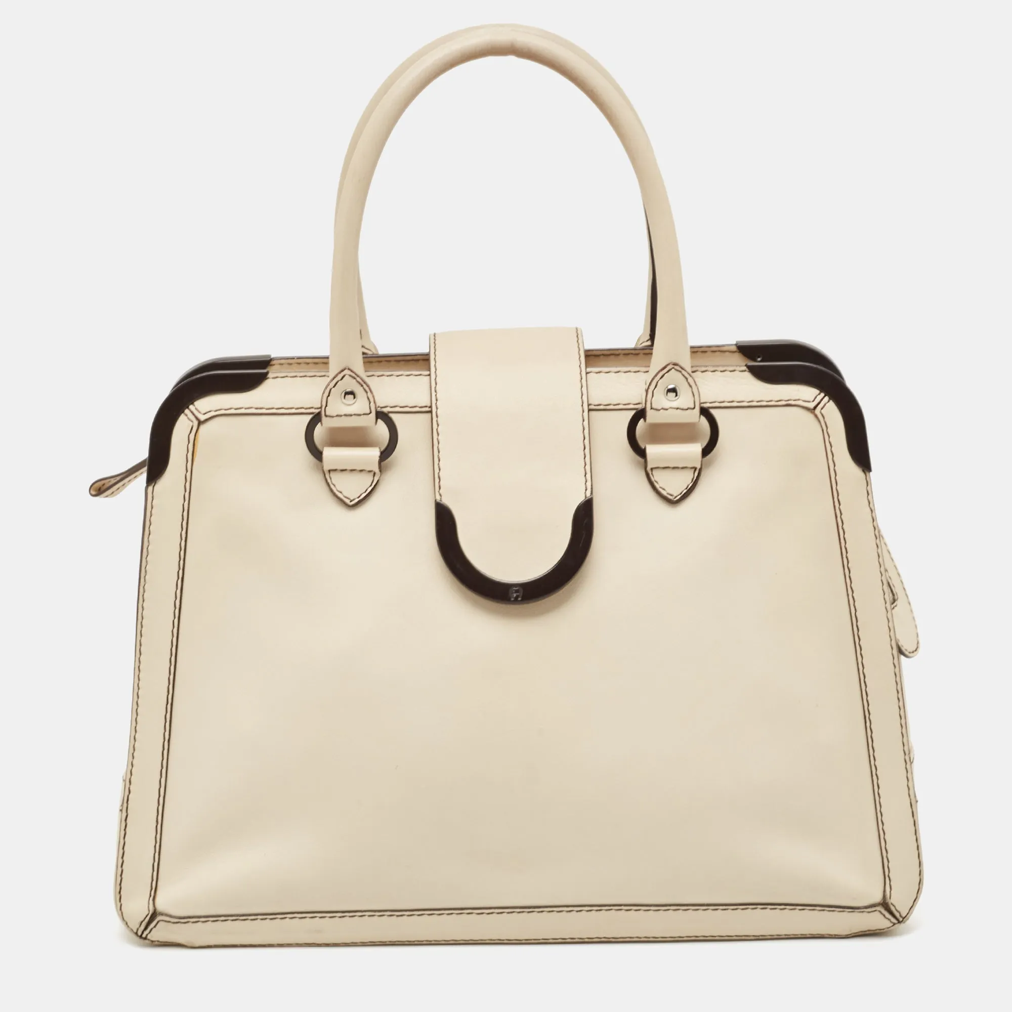 Light Beige Leather Frame Satchel